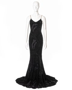 John Galliano black bias-cut velvet evening dress with train, ss 2003