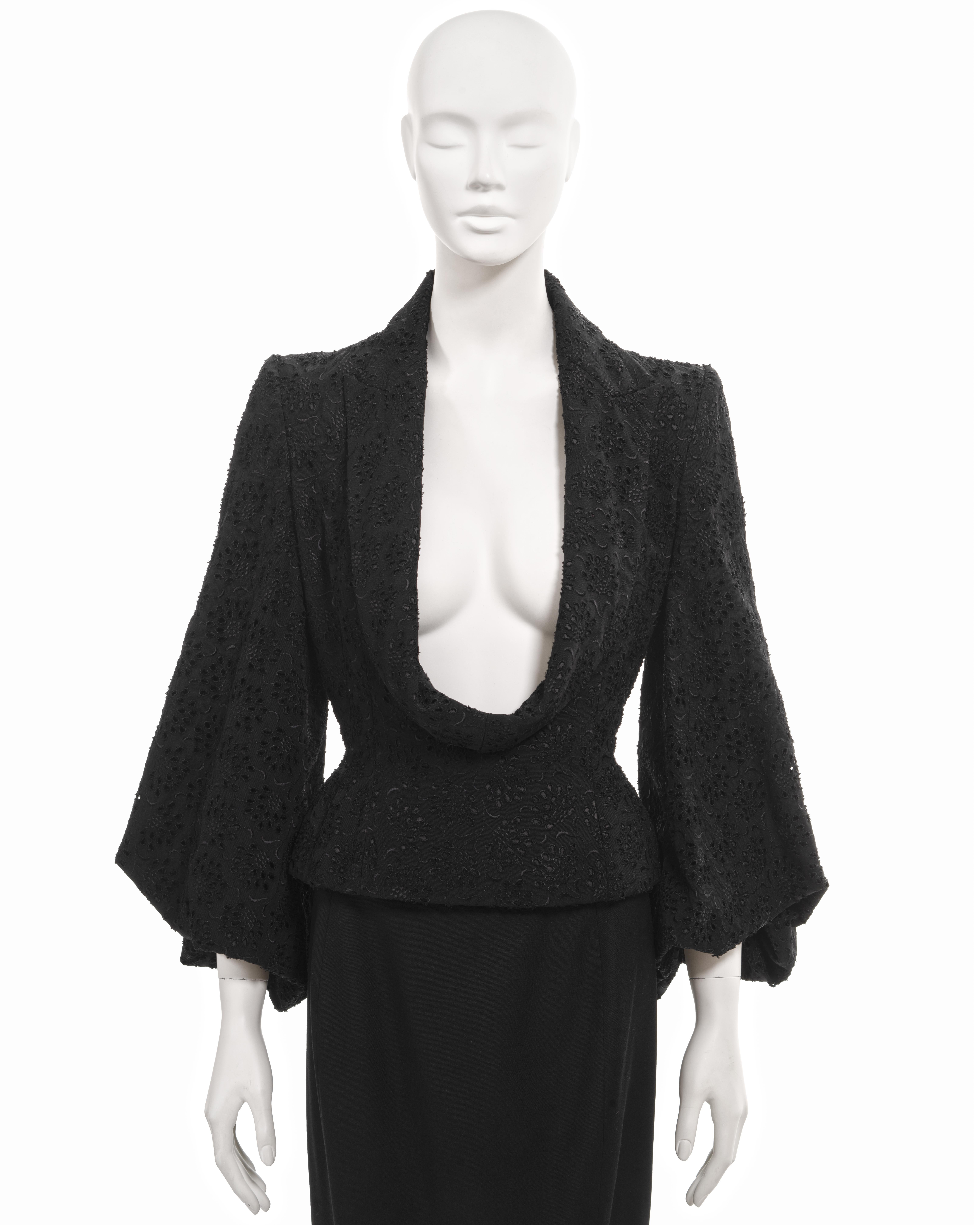 John Galliano black broderie anglaise jacket and skirt set, ss 1996  In Excellent Condition In London, GB