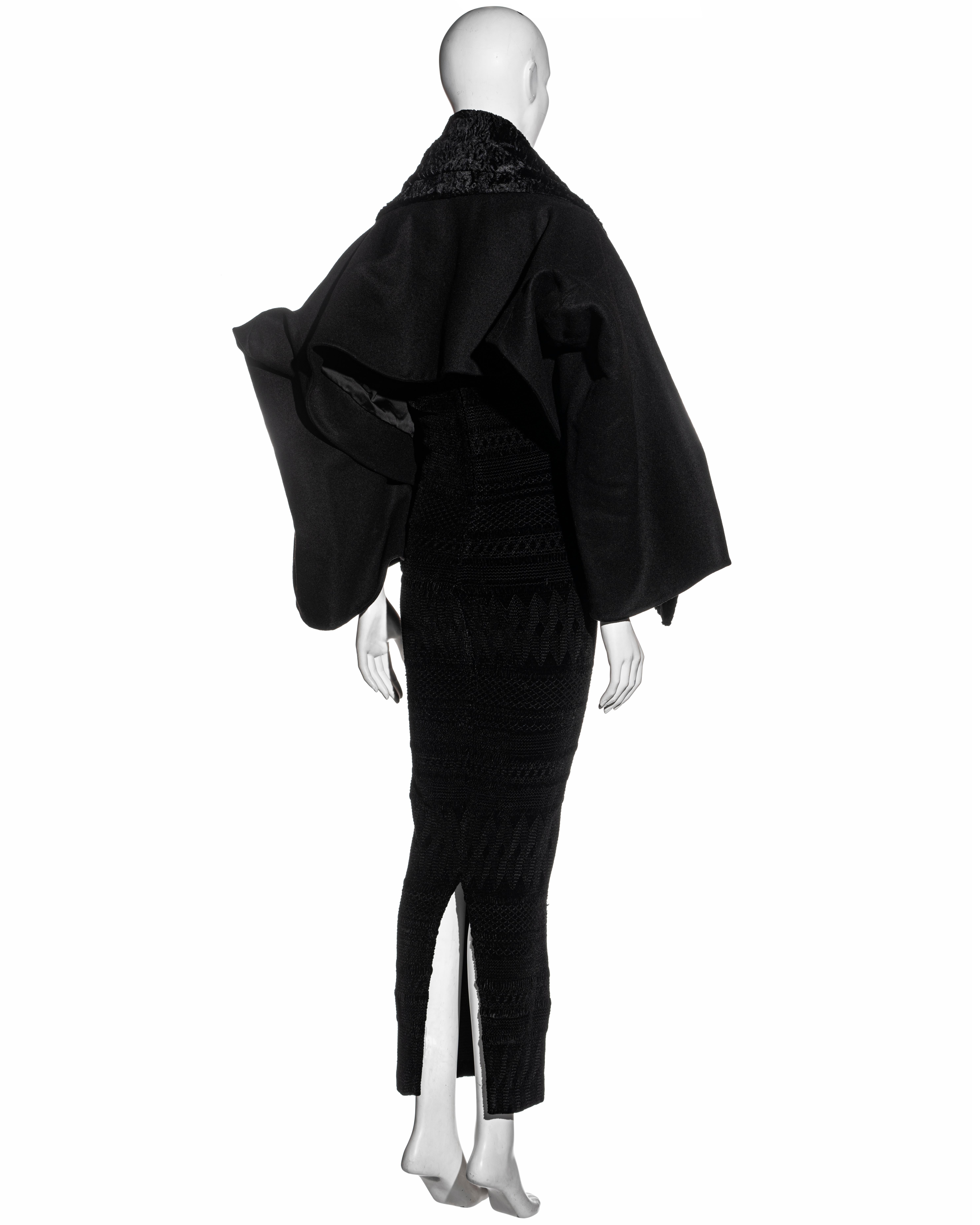 Black John Galliano black chenille opera coat and strapless corset dress, fw 1995
