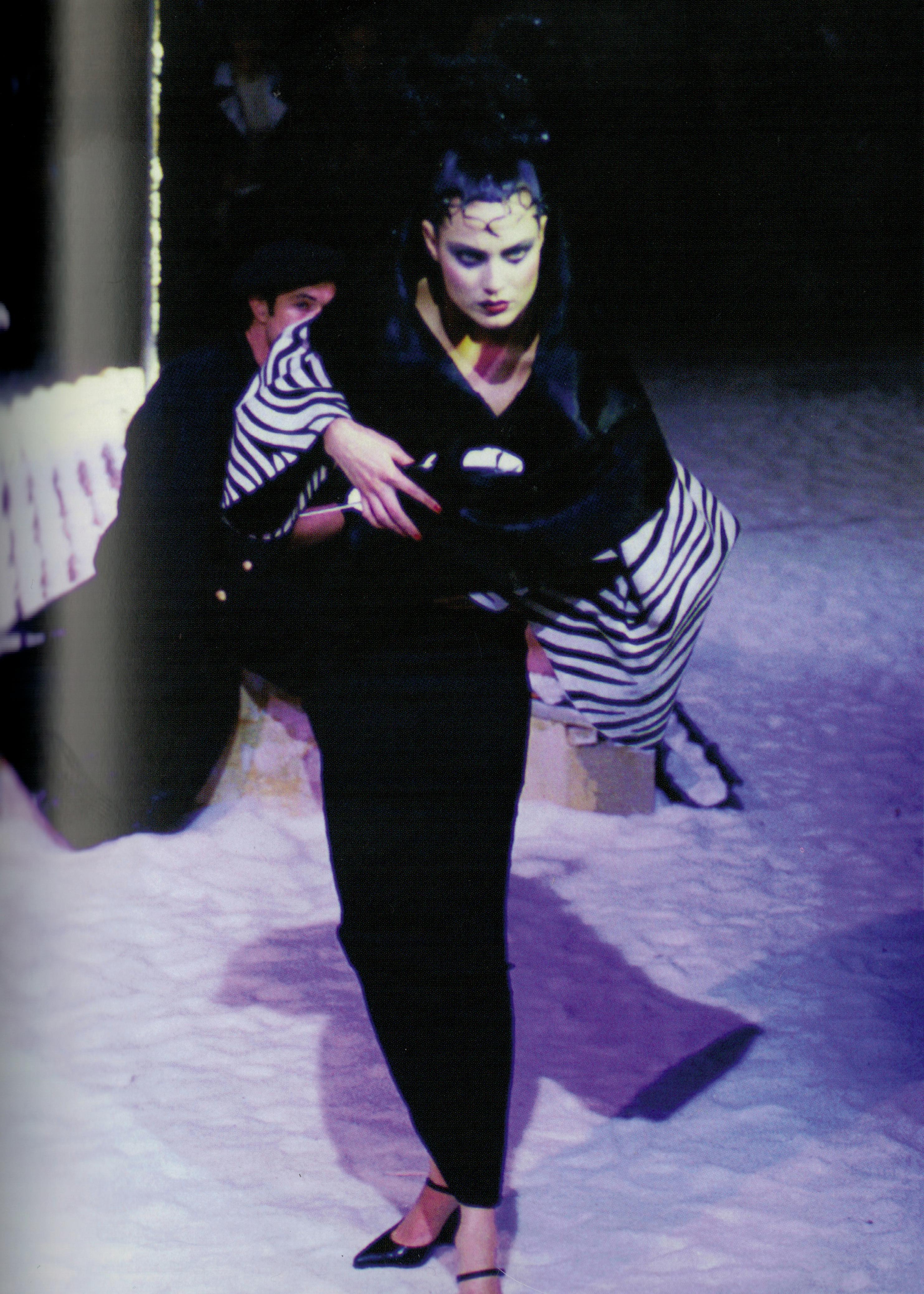 Women's John Galliano black chenille opera coat and strapless corset dress, fw 1995