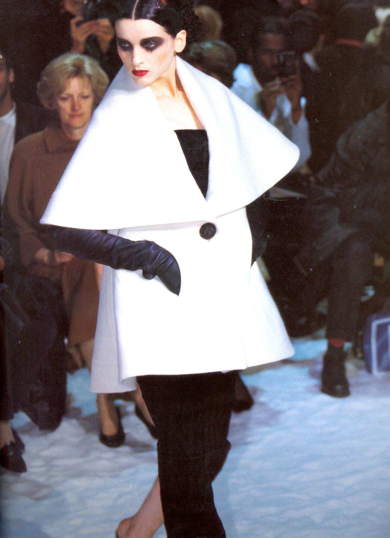 John Galliano black chenille opera coat and strapless corset dress, fw 1995 1