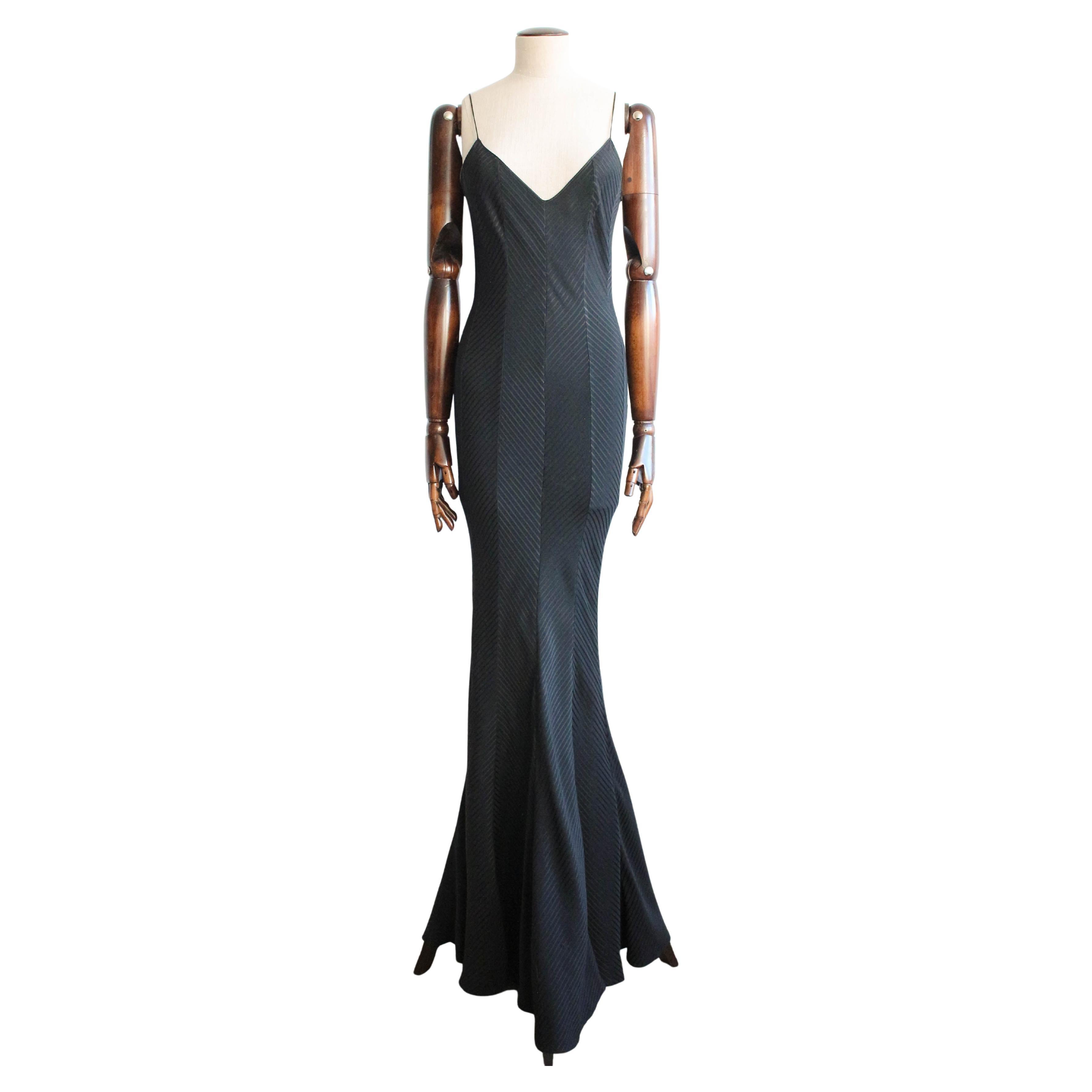 John Galliano Black Chevron Panelled Bias Fishtail Gown For Sale
