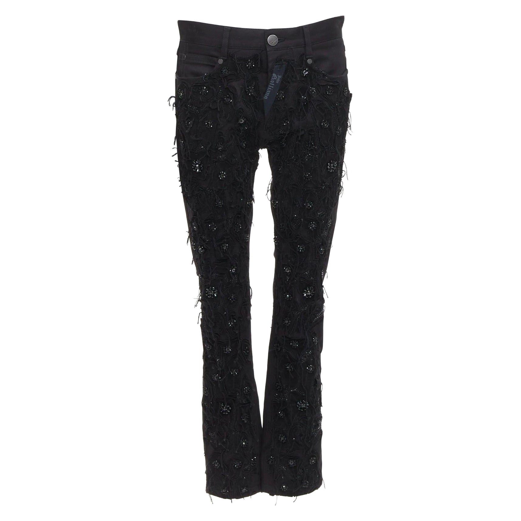 JOHN GALLIANO vaqueros bootcut con flecos florales de algodón negro FR46 S en venta