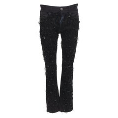 John Galliano jeans bootcut noir en coton fleuri avec franges FR46 S