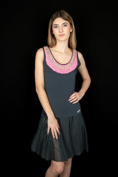 John Galliano Black Cotton Sleeveless Top with Rhinestone Detail