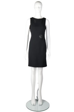 John Galliano Black Crepe Shift Dress with Crochet Rosette Appliqué