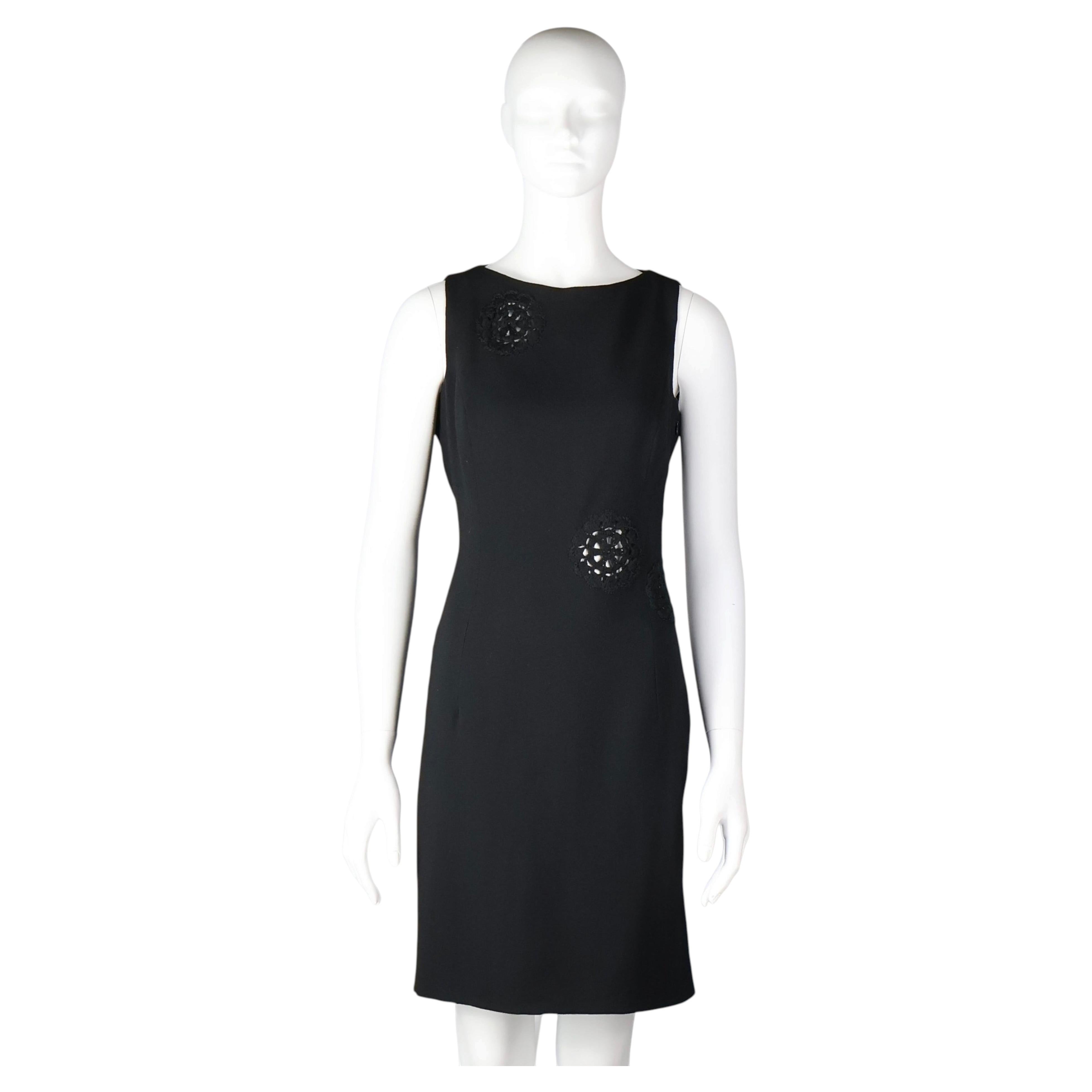 John Galliano A/W 2000 Black Crepe Shift Dress with Crochet Rosette Appliqué For Sale