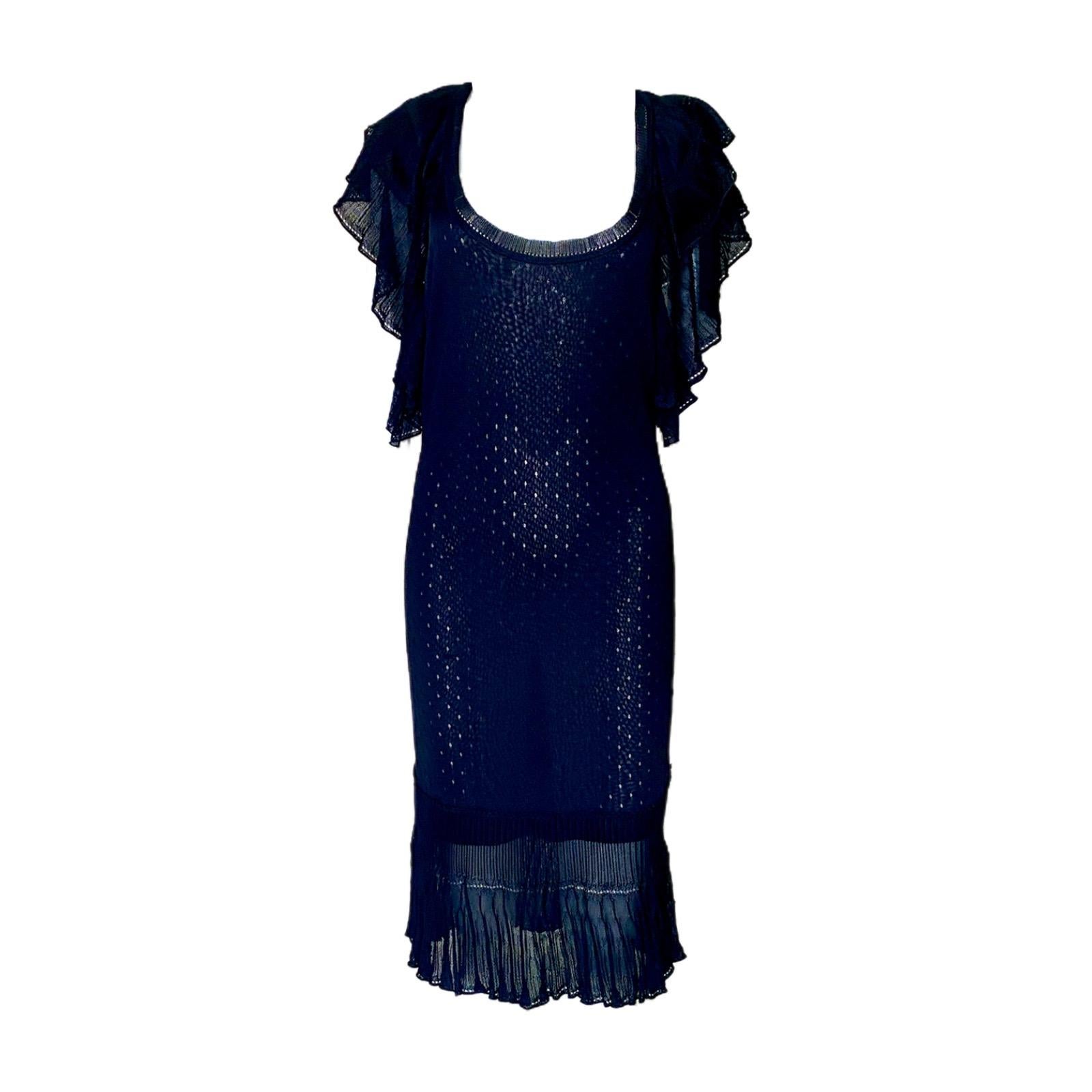 NEW John Galliano Black Crochet Knit Ruched Dress  In Excellent Condition For Sale In Switzerland, CH