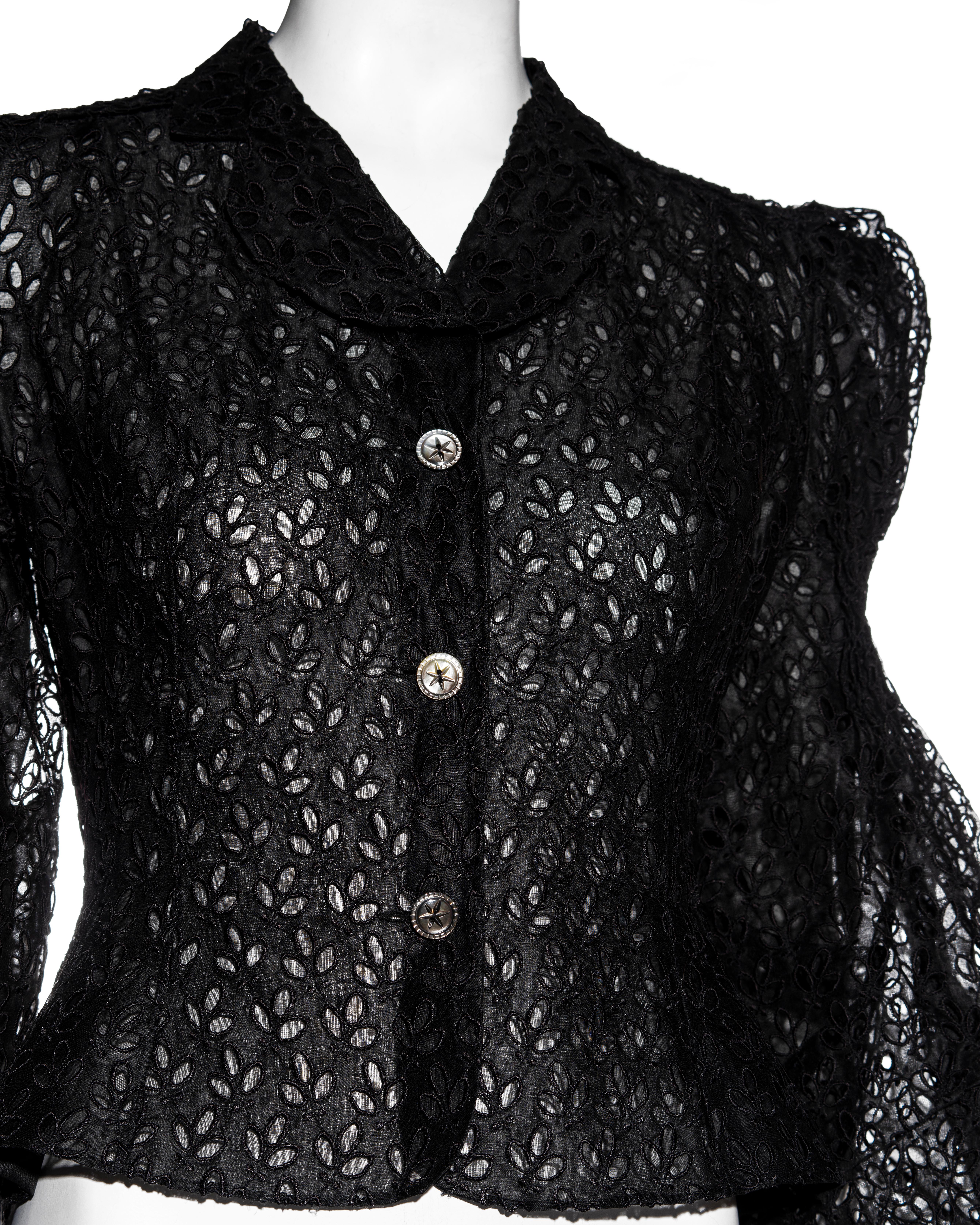 John Galliano black cutwork cotton organza blouse with smocking, ss 1996 In Excellent Condition In London, GB