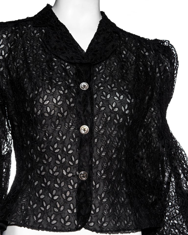 John Galliano black cutwork cotton organza blouse with smocking, ss ...