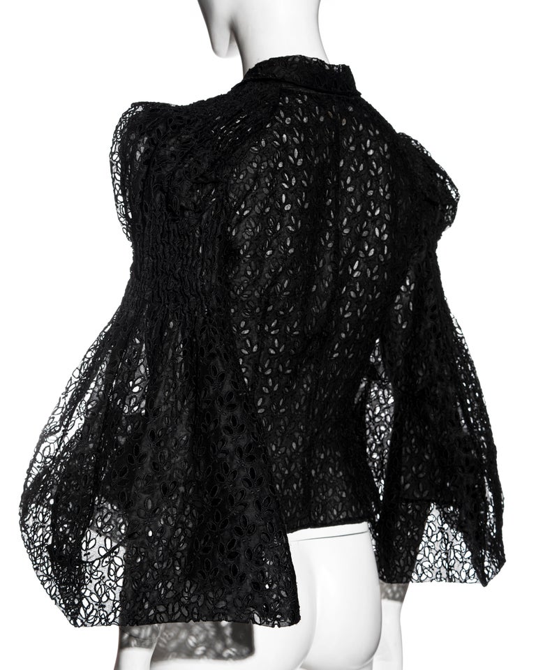 John Galliano black cutwork cotton organza blouse with smocking, ss ...