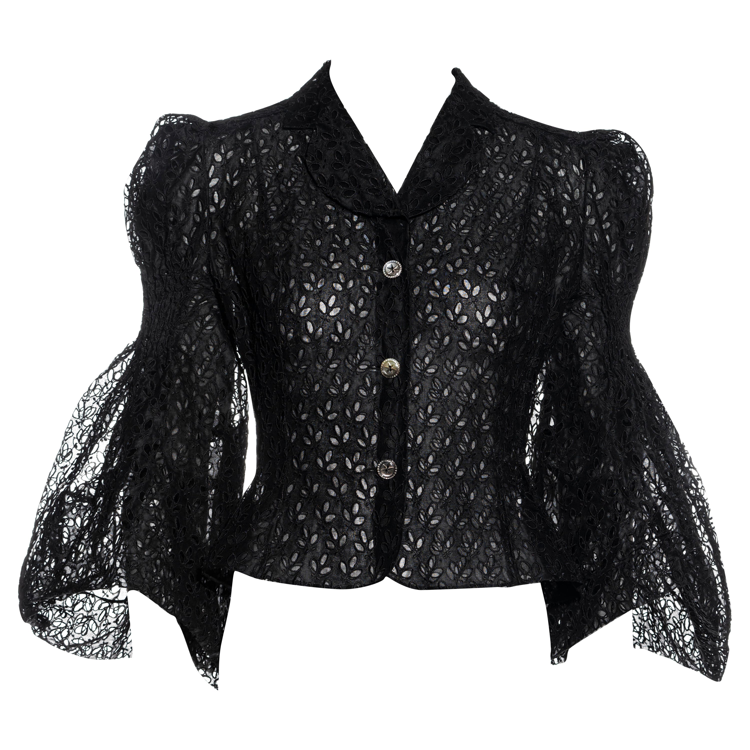 John Galliano black cutwork cotton organza blouse with smocking, ss 1996