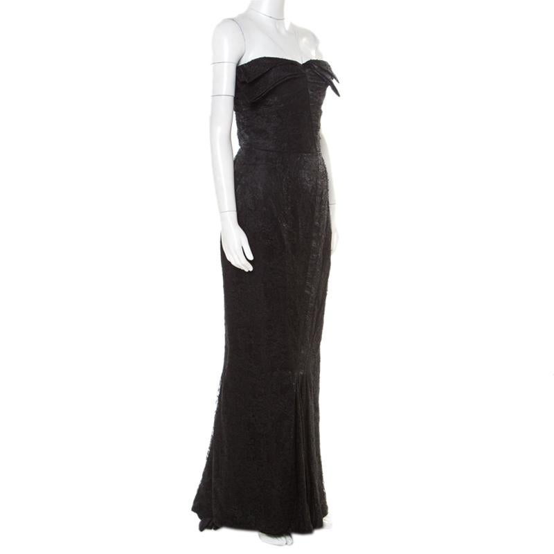 John Galliano Black Floral Lace Draped Bodice Strapless Evening Gown M In Good Condition In Dubai, Al Qouz 2
