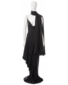 John Galliano black floral silk jacquard draped evening dress and shawl, ss 1999