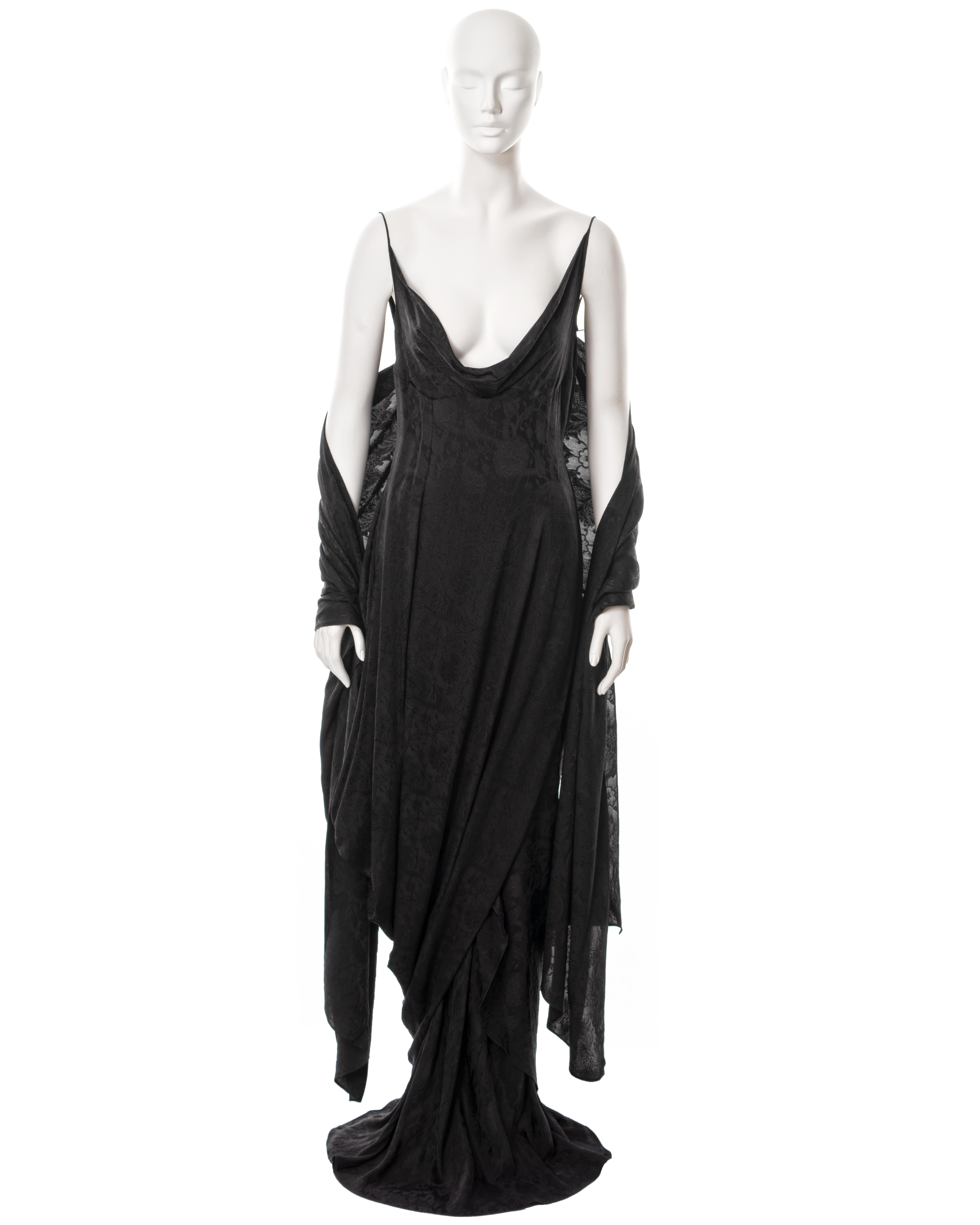 John Galliano black floral silk jacquard draped evening dress and shawl, ss 1999 In Excellent Condition For Sale In London, GB