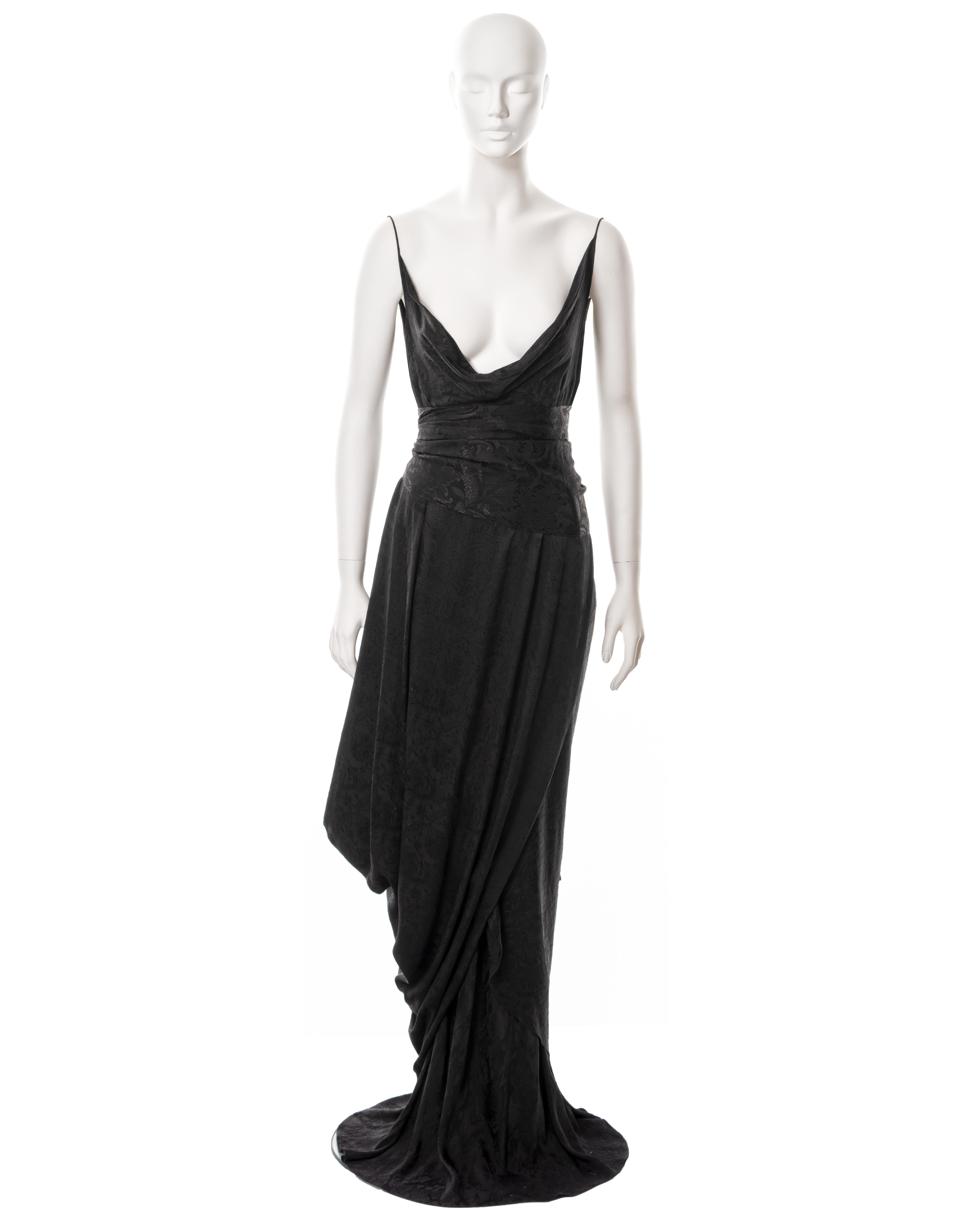 Women's John Galliano black floral silk jacquard draped evening dress and shawl, ss 1999 For Sale