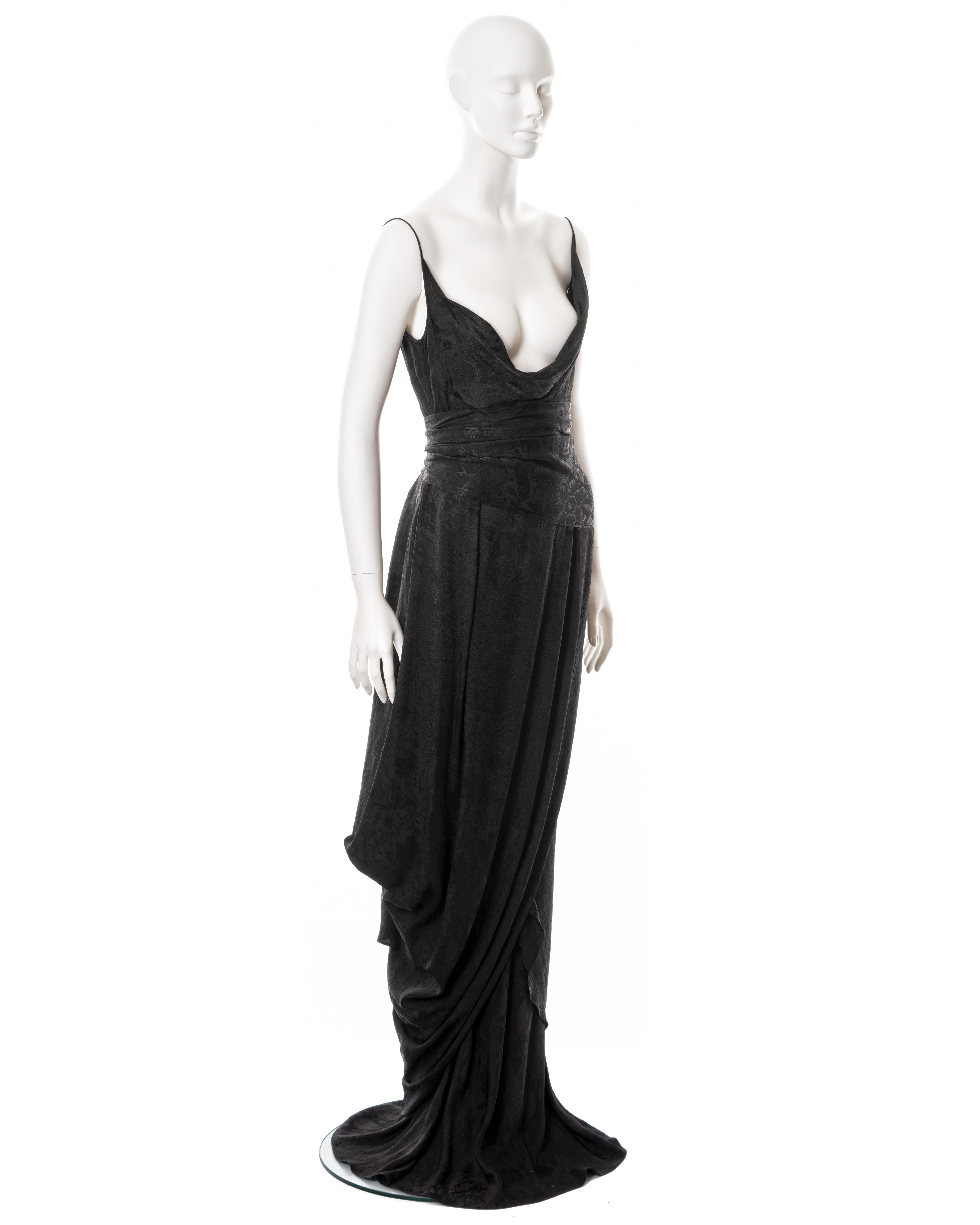 John Galliano black floral silk jacquard draped evening dress and shawl, ss 1999 For Sale 2