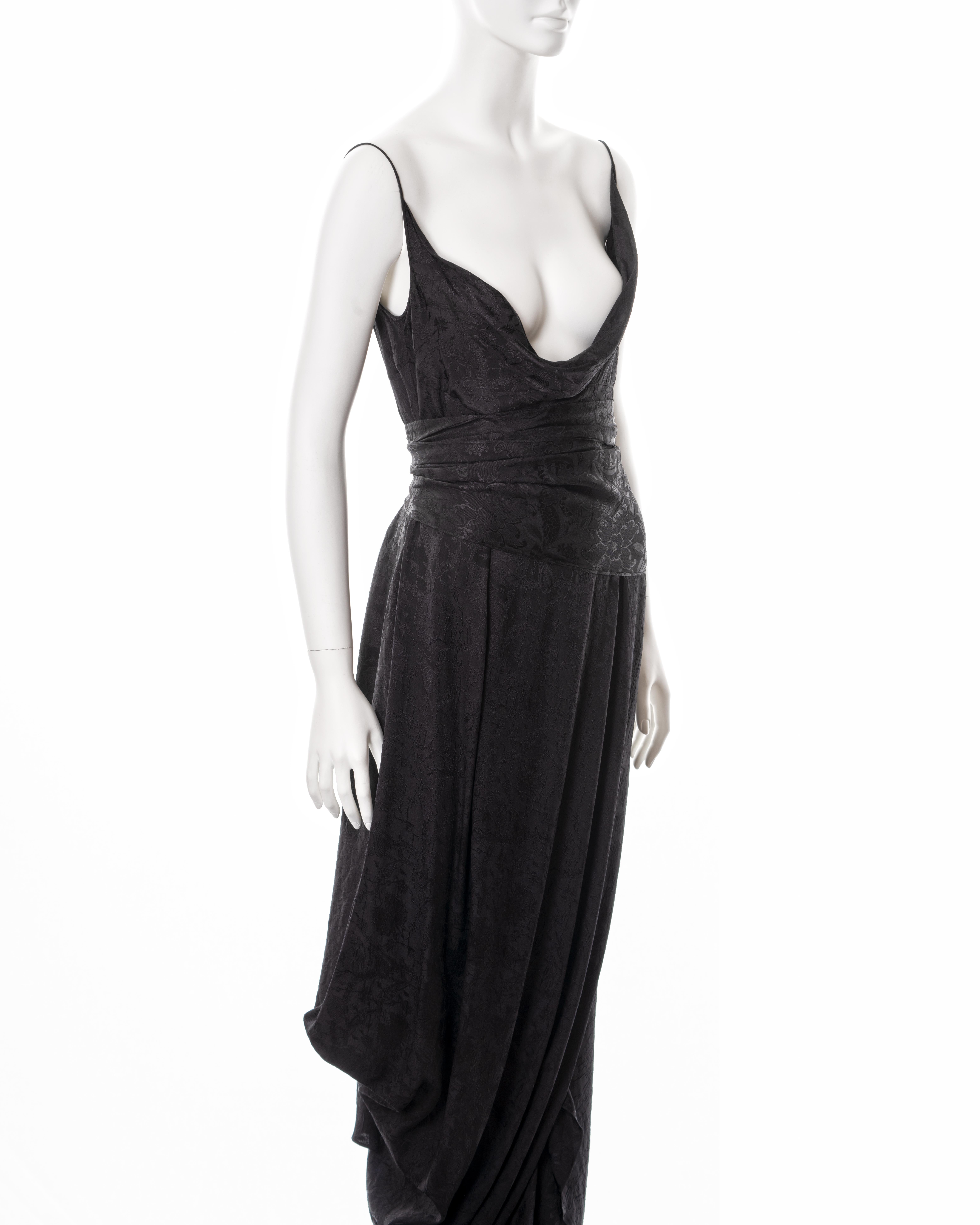 John Galliano black floral silk jacquard draped evening dress and shawl, ss 1999 For Sale 3