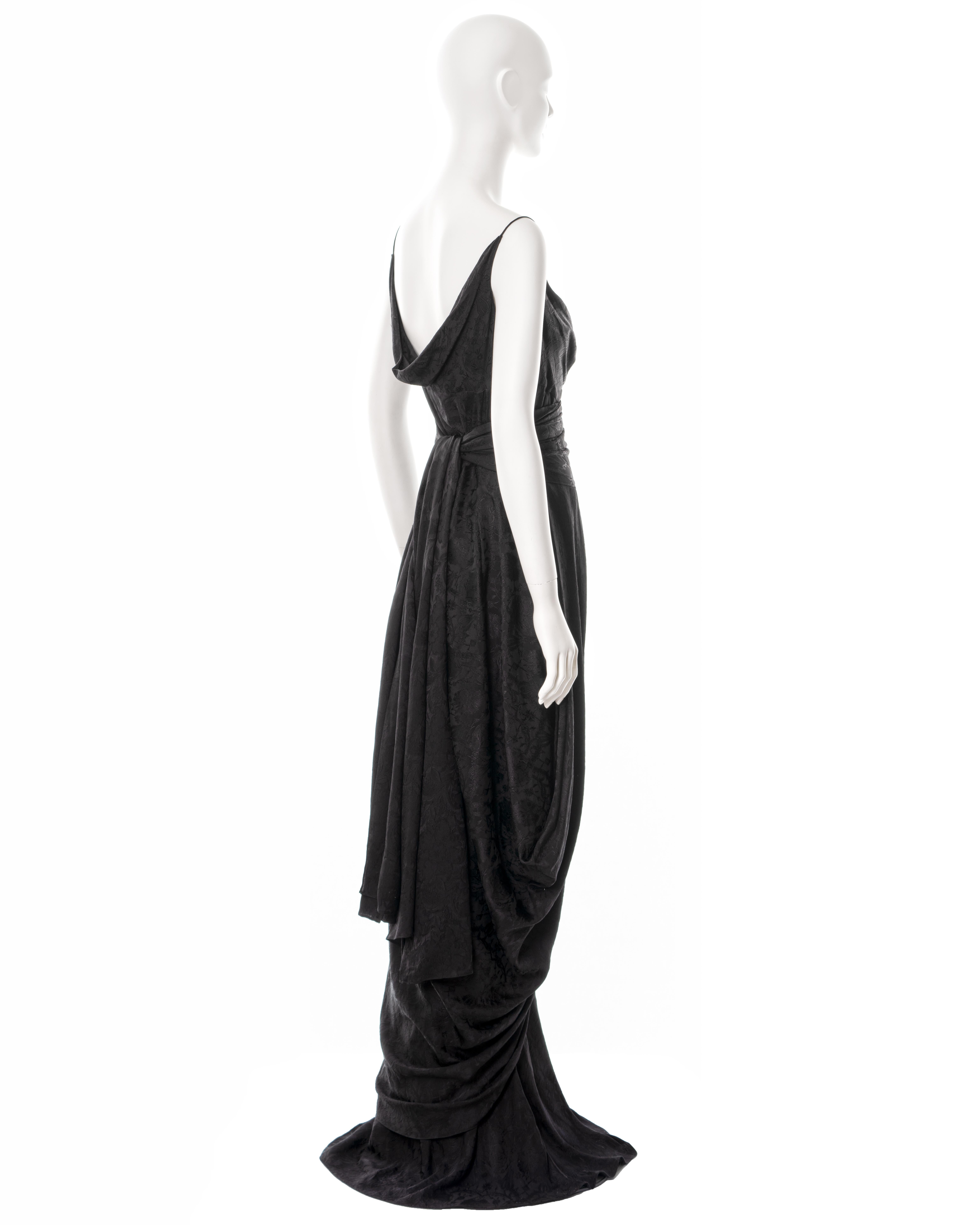 John Galliano black floral silk jacquard draped evening dress and shawl, ss 1999 For Sale 4