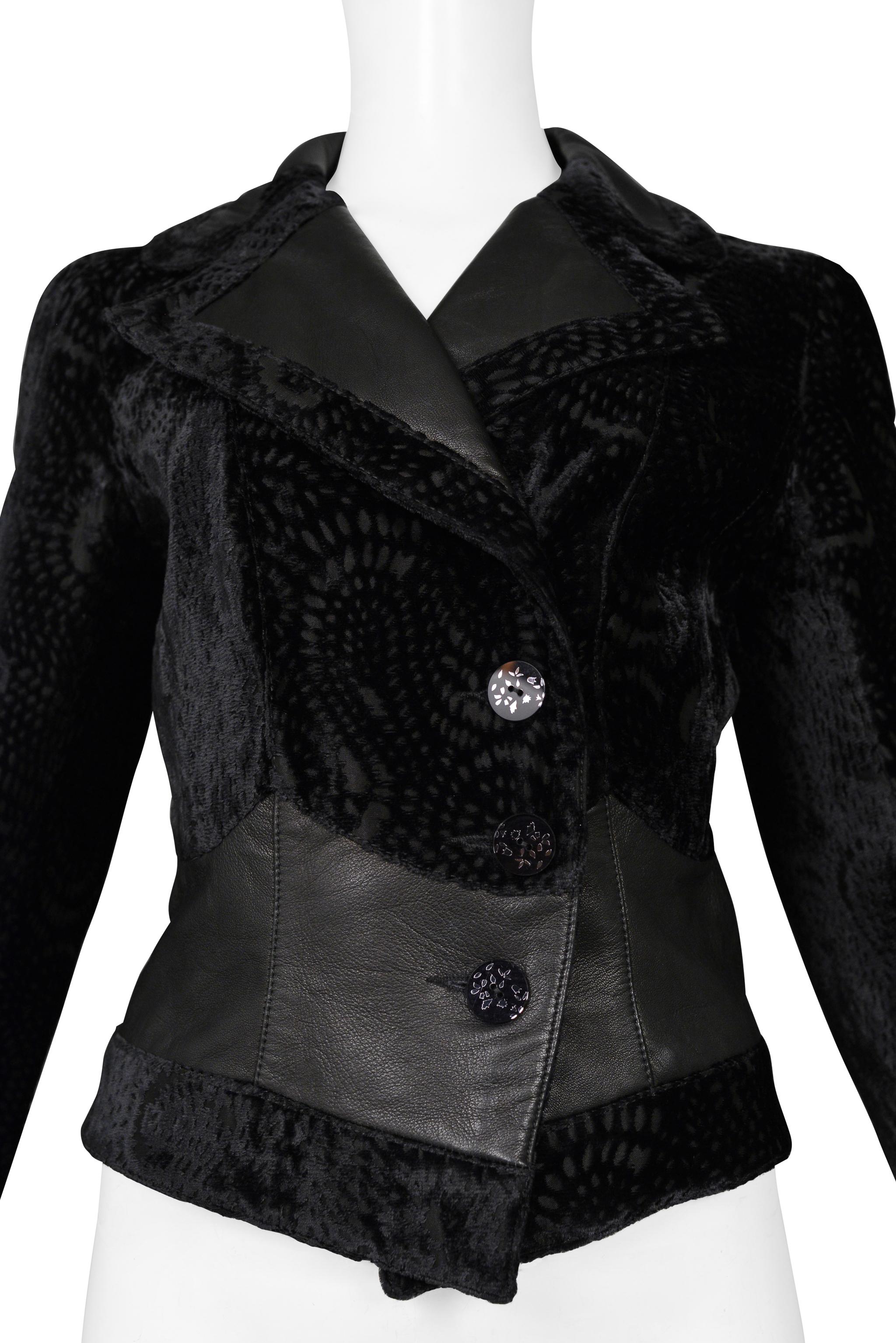 John Galliano Black Floral Silk Velvet Jacket With Leather Insets 2005 In Excellent Condition For Sale In Los Angeles, CA