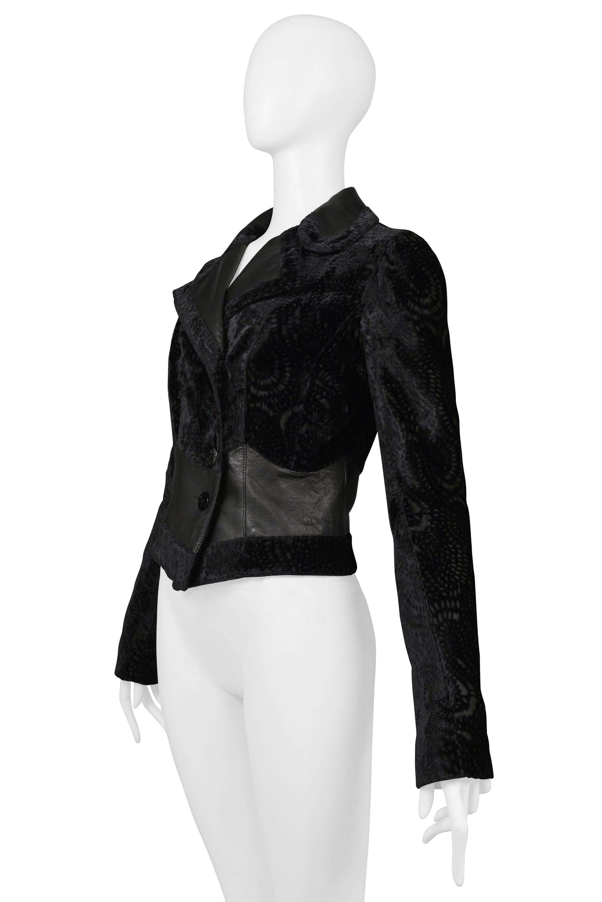 Women's John Galliano Black Floral Silk Velvet Jacket With Leather Insets 2005 For Sale