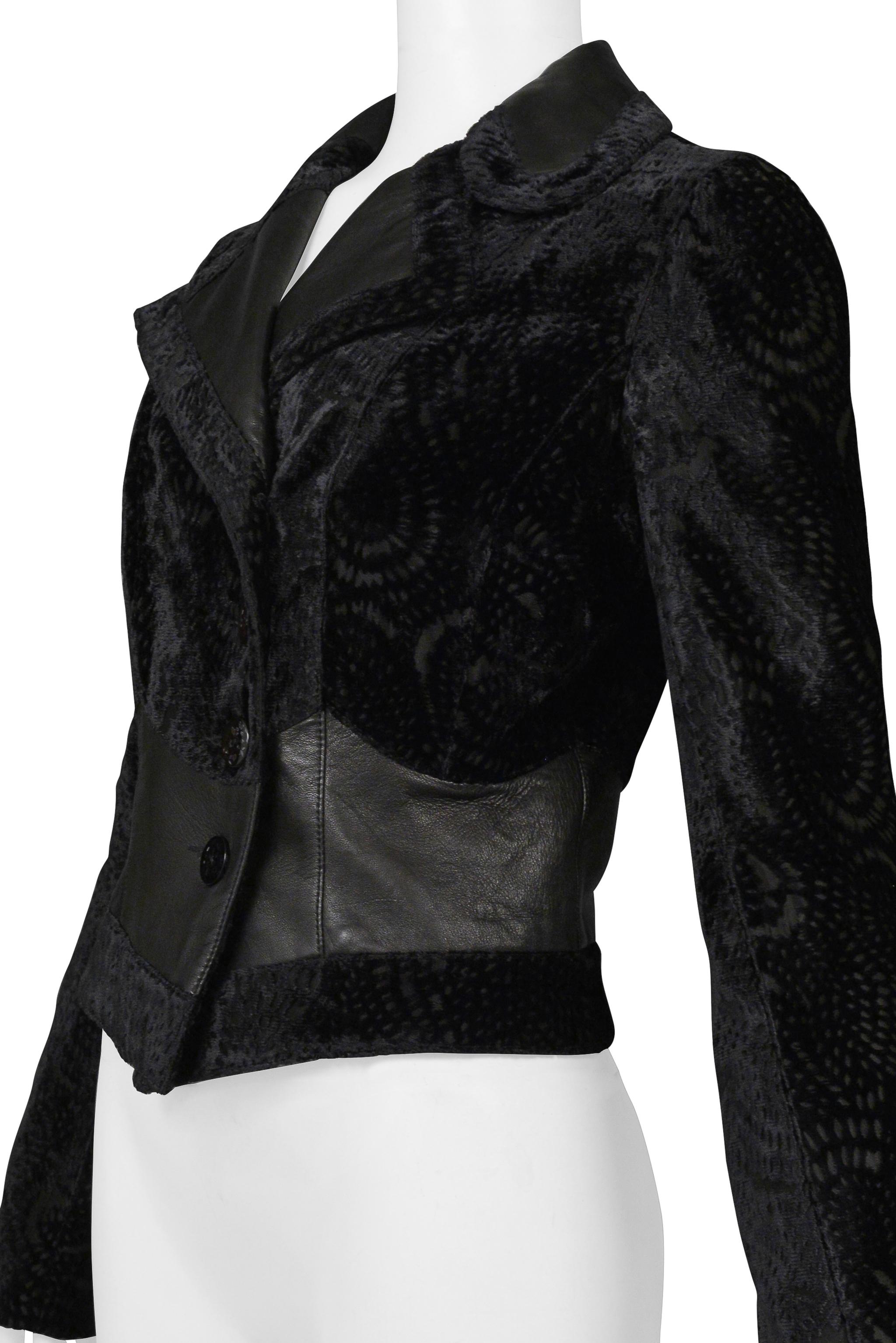 John Galliano Black Floral Silk Velvet Jacket With Leather Insets 2005 For Sale 1