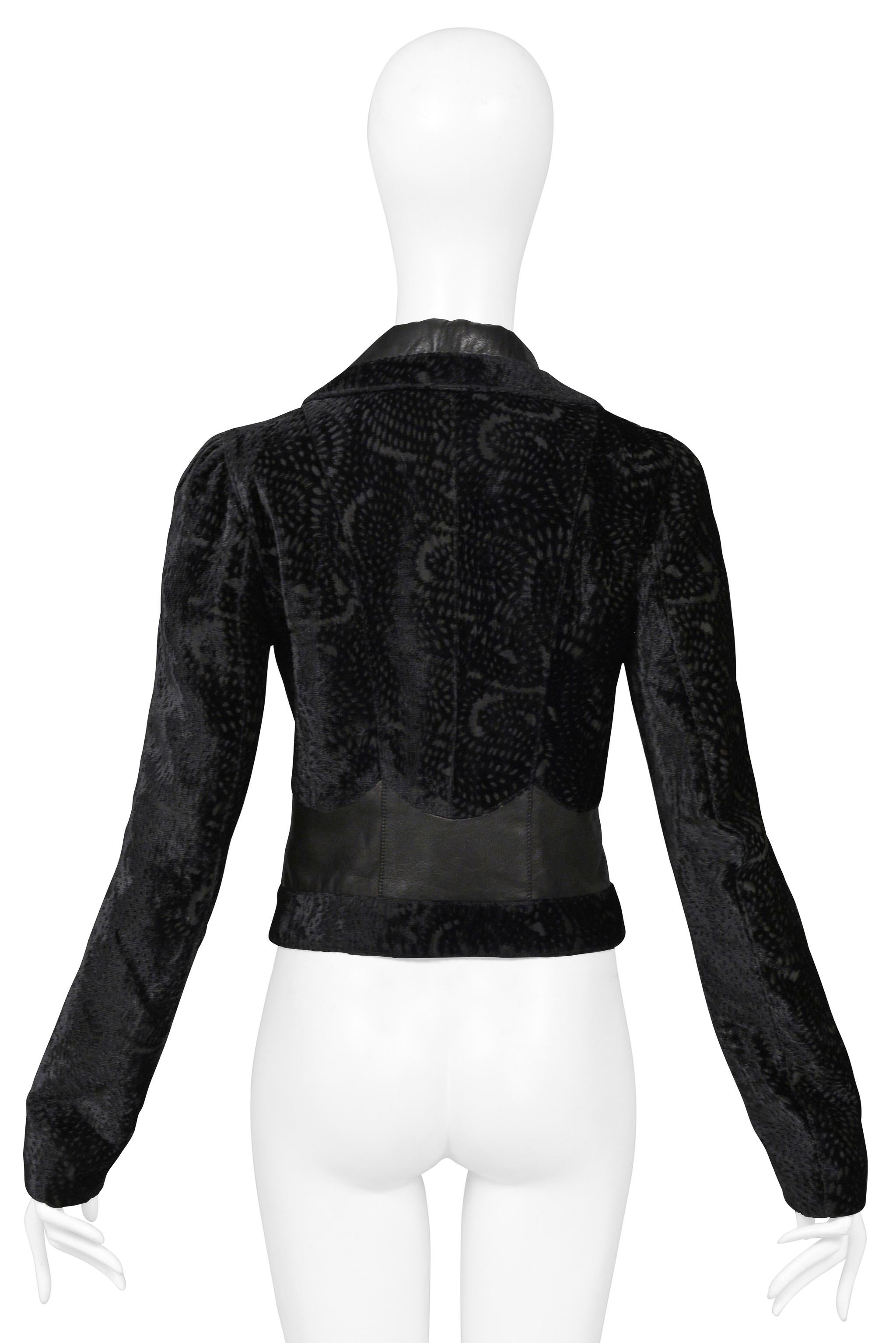 John Galliano Black Floral Silk Velvet Jacket With Leather Insets 2005 For Sale 2
