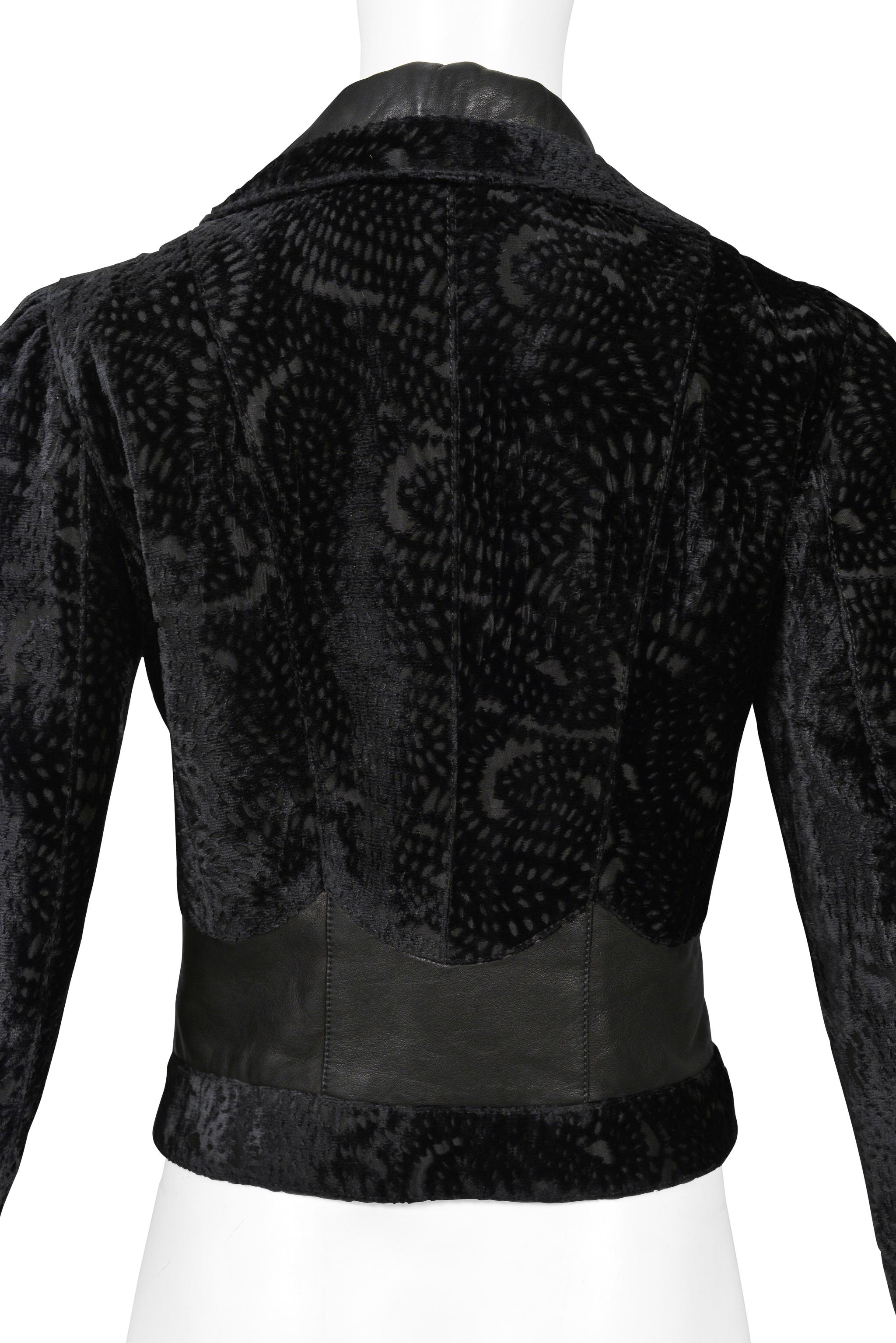 John Galliano Black Floral Silk Velvet Jacket With Leather Insets 2005 For Sale 3