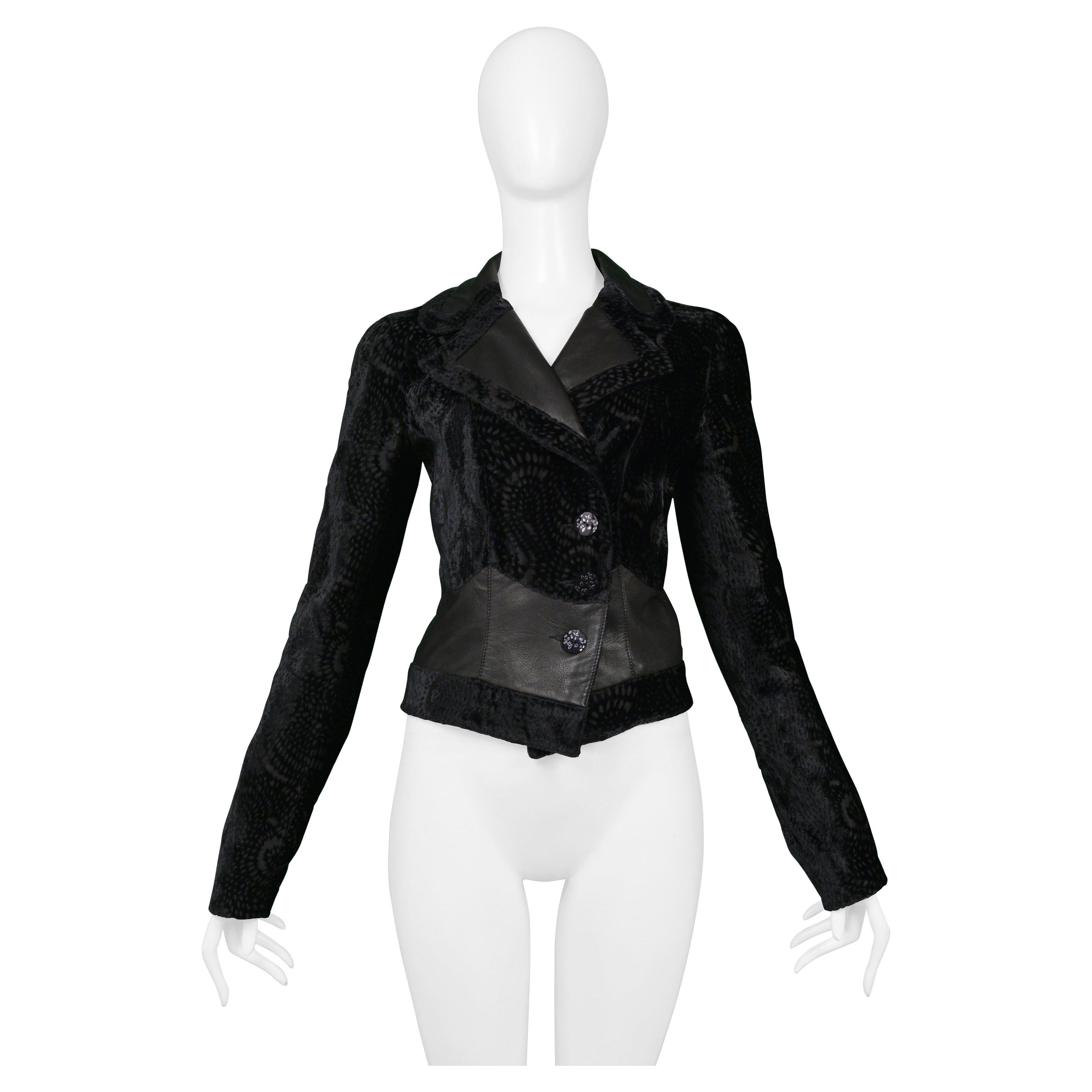 John Galliano Black Floral Silk Velvet Jacket With Leather Insets 2005 For Sale