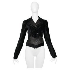 John Galliano Black Floral Silk Velvet Jacket With Leather Insets 2005