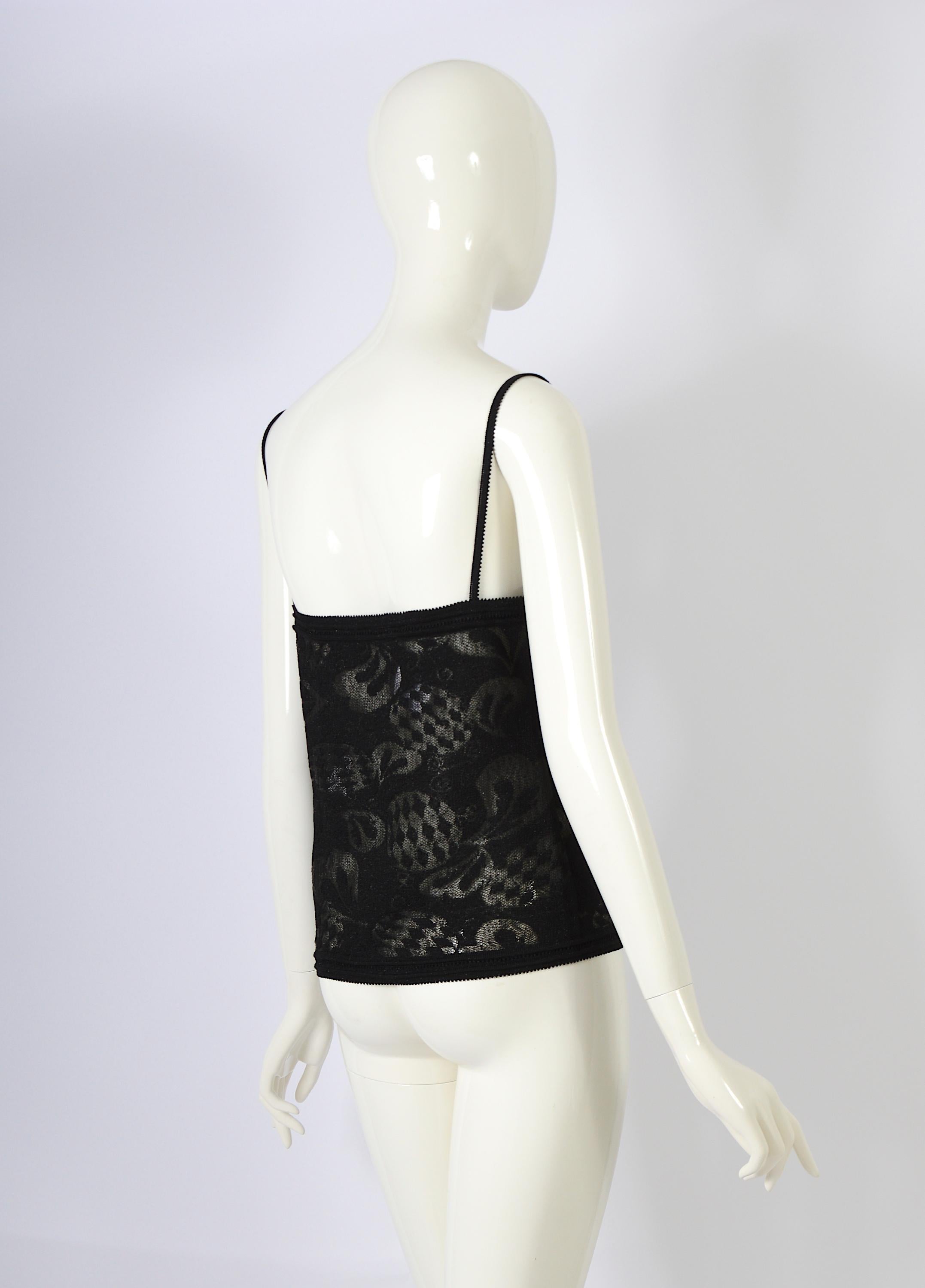 John Galliano black jacquard pattern lurex knit spaghetti straps top In Excellent Condition For Sale In Antwerpen, Vlaams Gewest