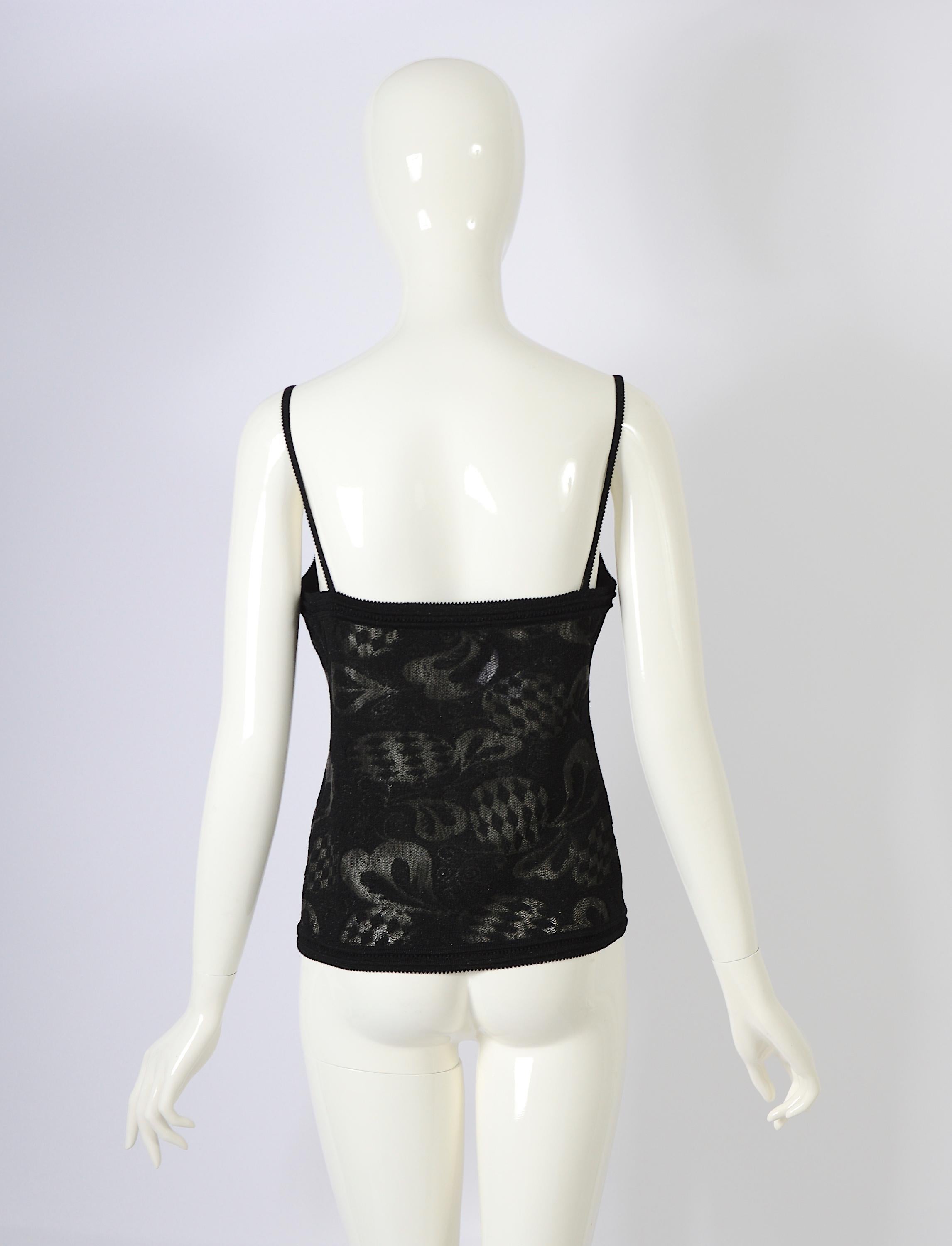 John Galliano black jacquard pattern lurex knit spaghetti straps top In Excellent Condition For Sale In Antwerpen, Vlaams Gewest