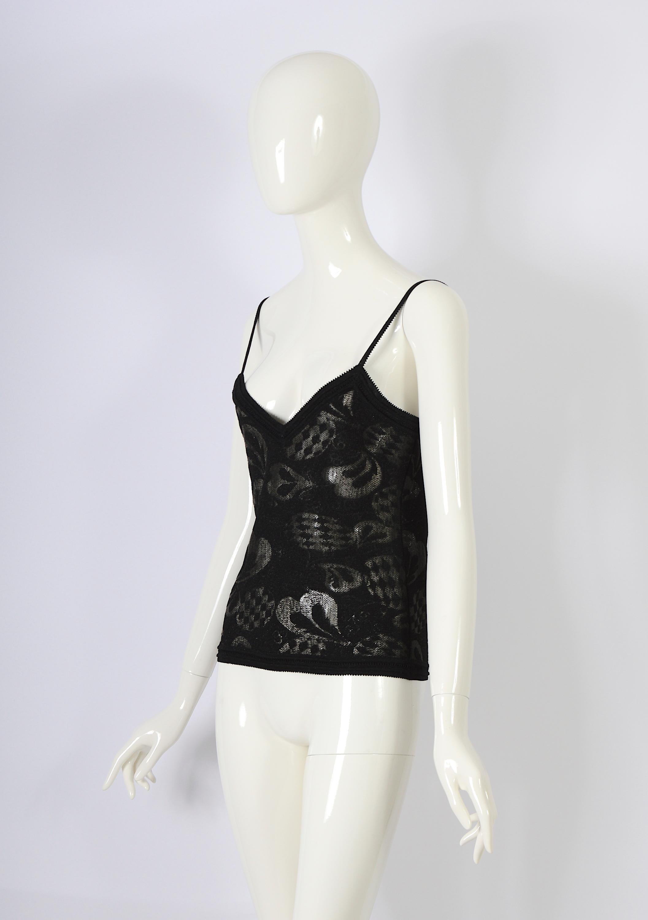 John Galliano black jacquard pattern lurex knit spaghetti straps top For Sale 3