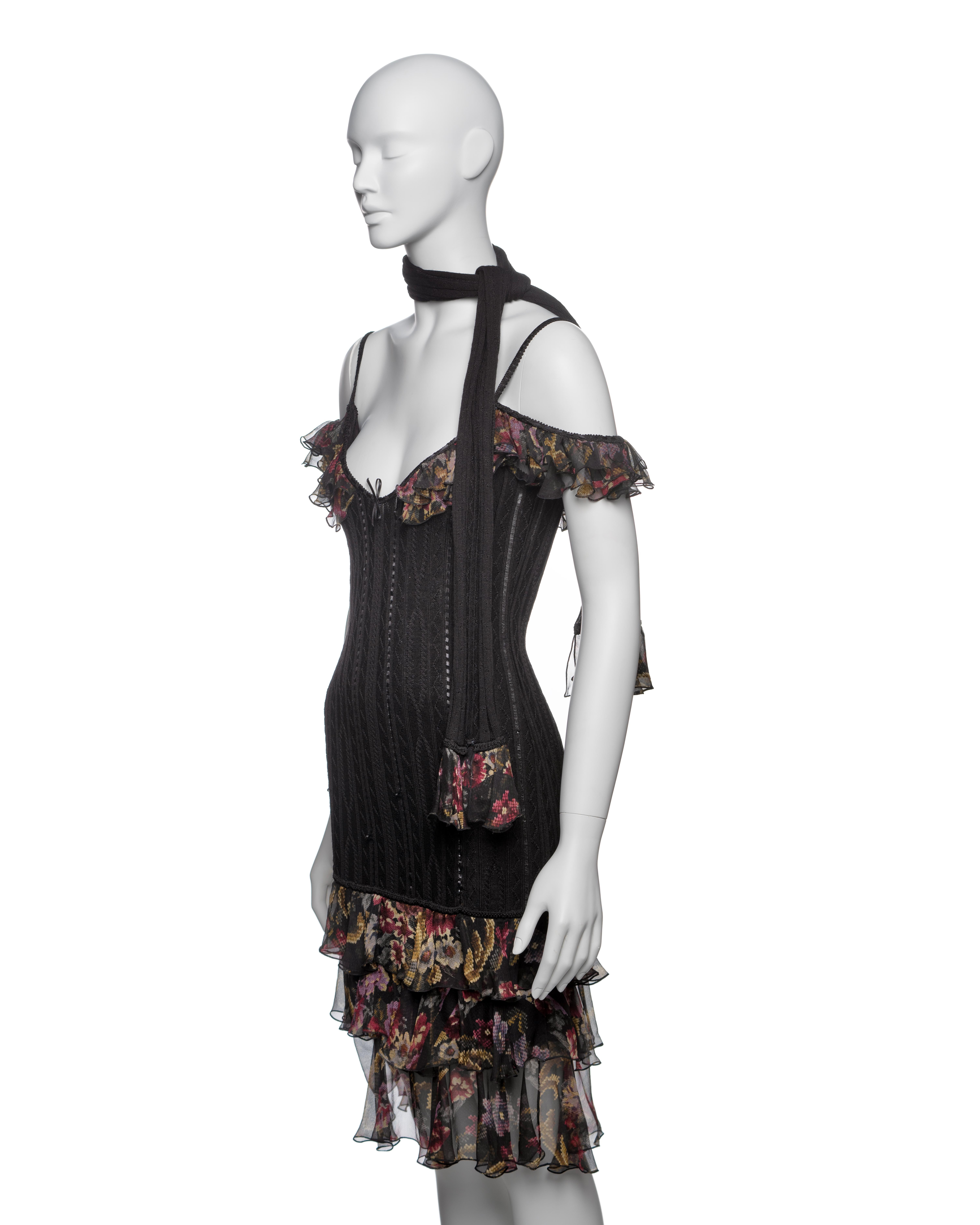 John Galliano Black Knit Dress with Floral Chiffon Ruffles and Scarf, FW 2004 For Sale 6