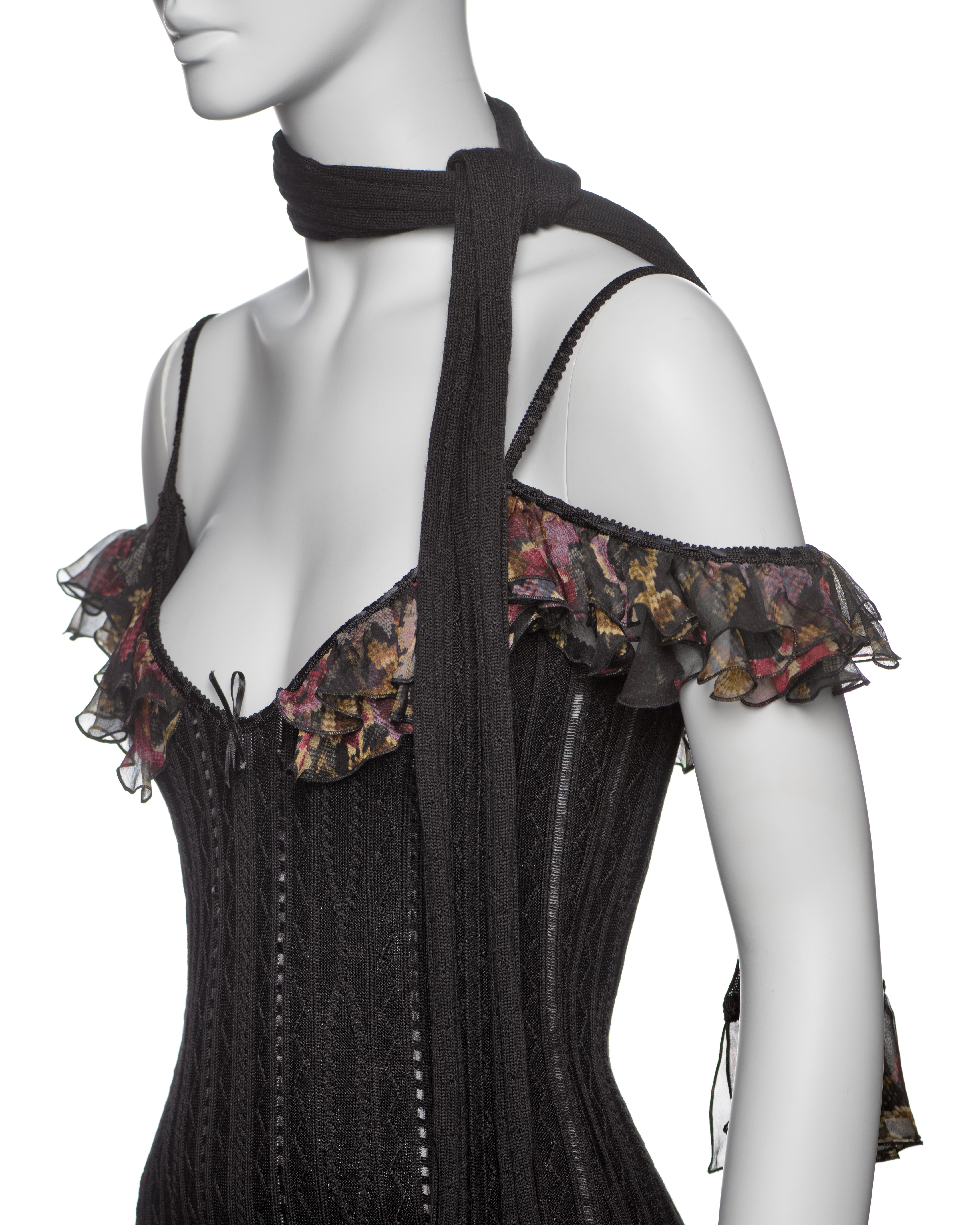 John Galliano Black Knit Dress with Floral Chiffon Ruffles and Scarf, FW 2004 For Sale 7