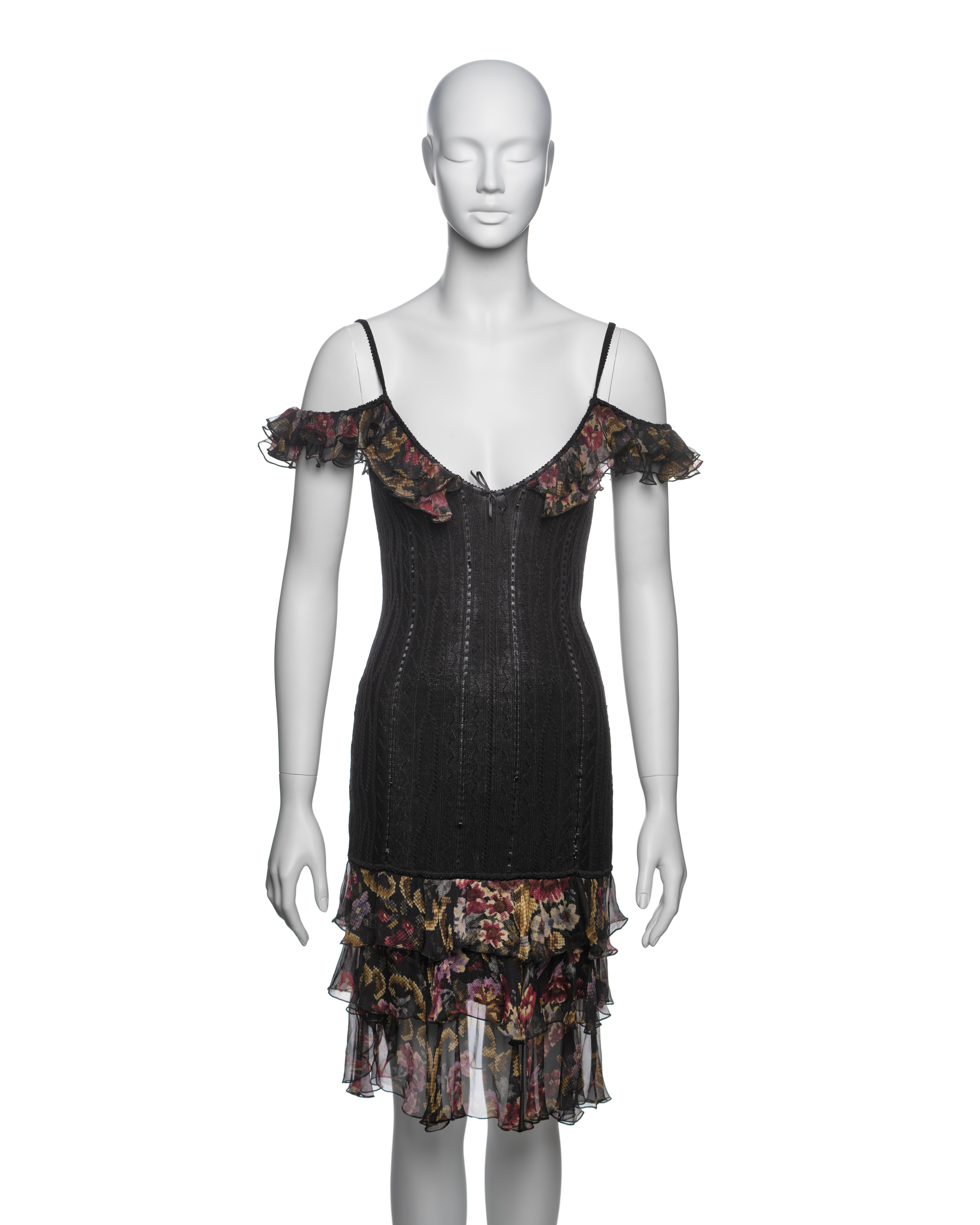 John Galliano Black Knit Dress with Floral Chiffon Ruffles and Scarf, FW 2004 In Excellent Condition For Sale In London, GB