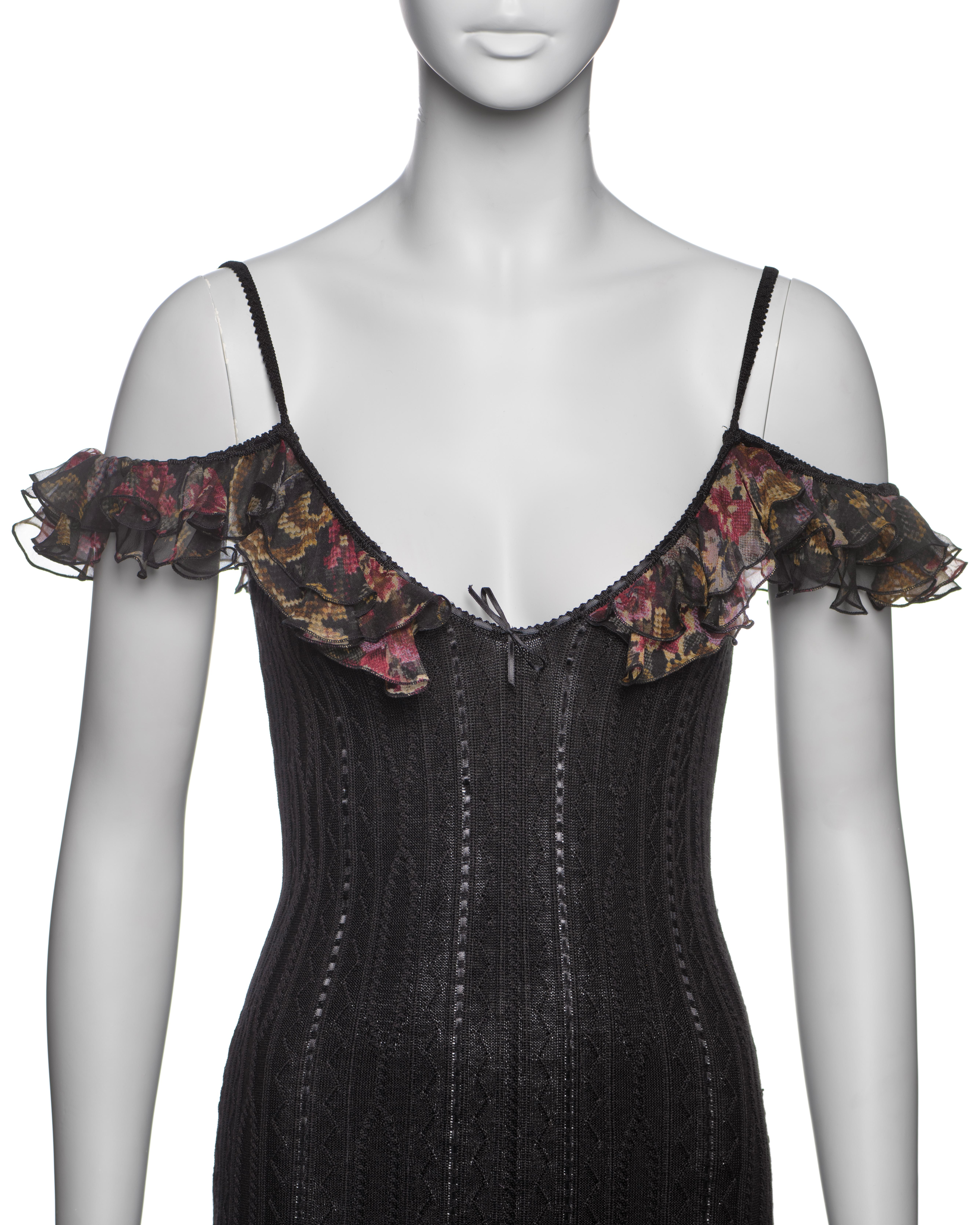 Women's John Galliano Black Knit Dress with Floral Chiffon Ruffles and Scarf, FW 2004 For Sale