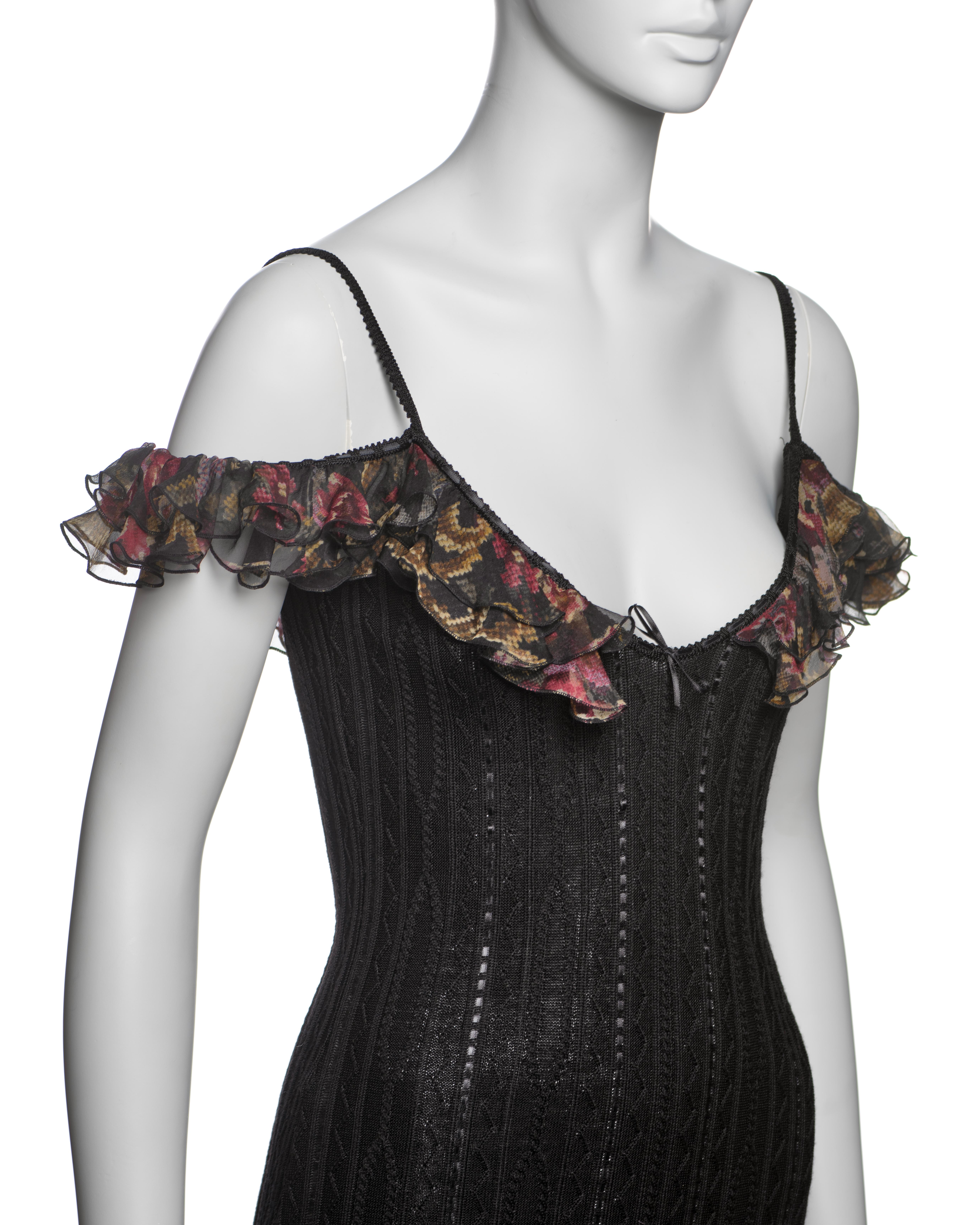 John Galliano Black Knit Dress with Floral Chiffon Ruffles and Scarf, FW 2004 For Sale 2
