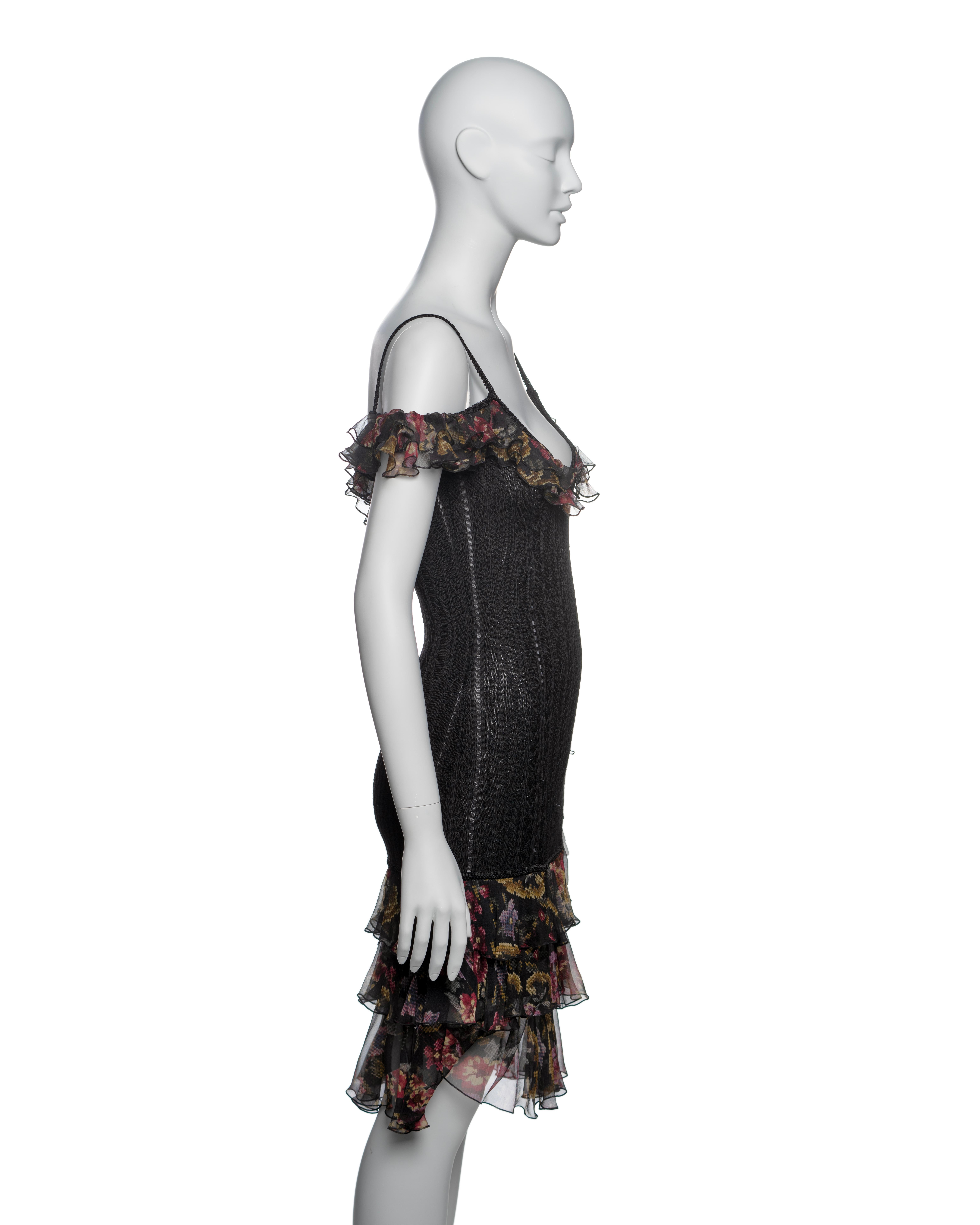 John Galliano Black Knit Dress with Floral Chiffon Ruffles and Scarf, FW 2004 For Sale 3