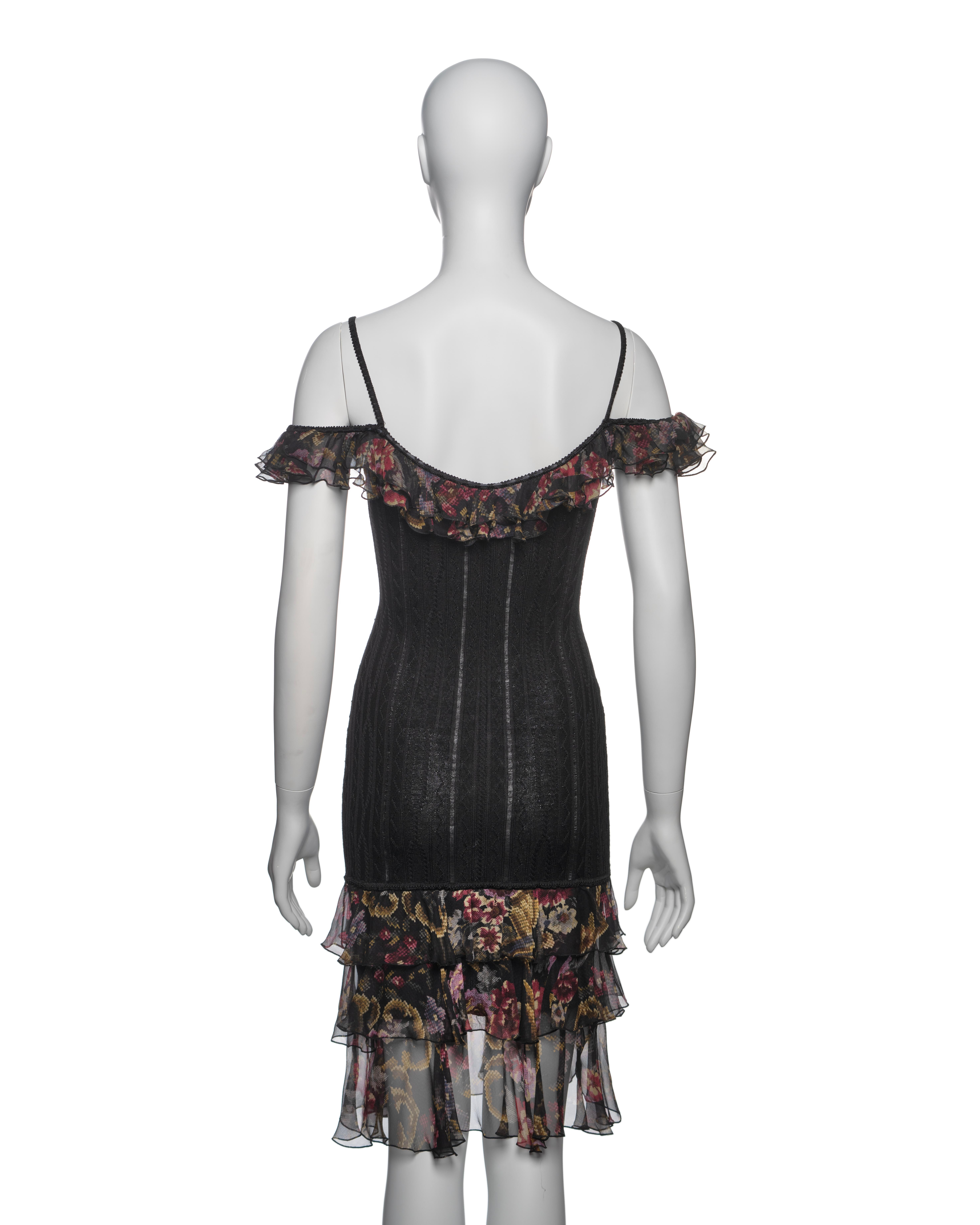 John Galliano Black Knit Dress with Floral Chiffon Ruffles and Scarf, FW 2004 For Sale 4