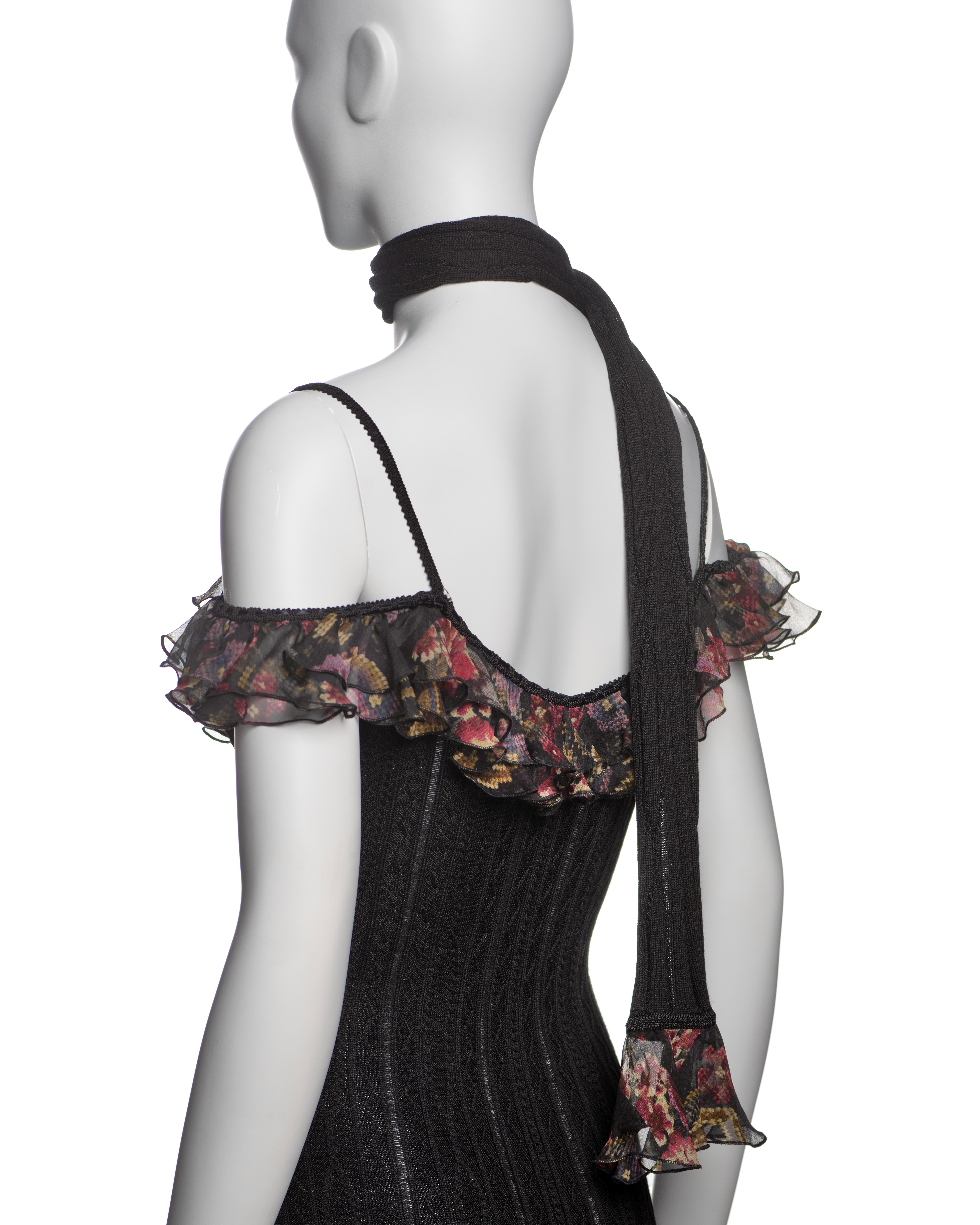 John Galliano Black Knit Dress with Floral Chiffon Ruffles and Scarf, FW 2004 For Sale 5