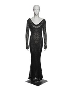 John Galliano Black Knit Lace Evening Dress with Draped Low Back, FW 1999