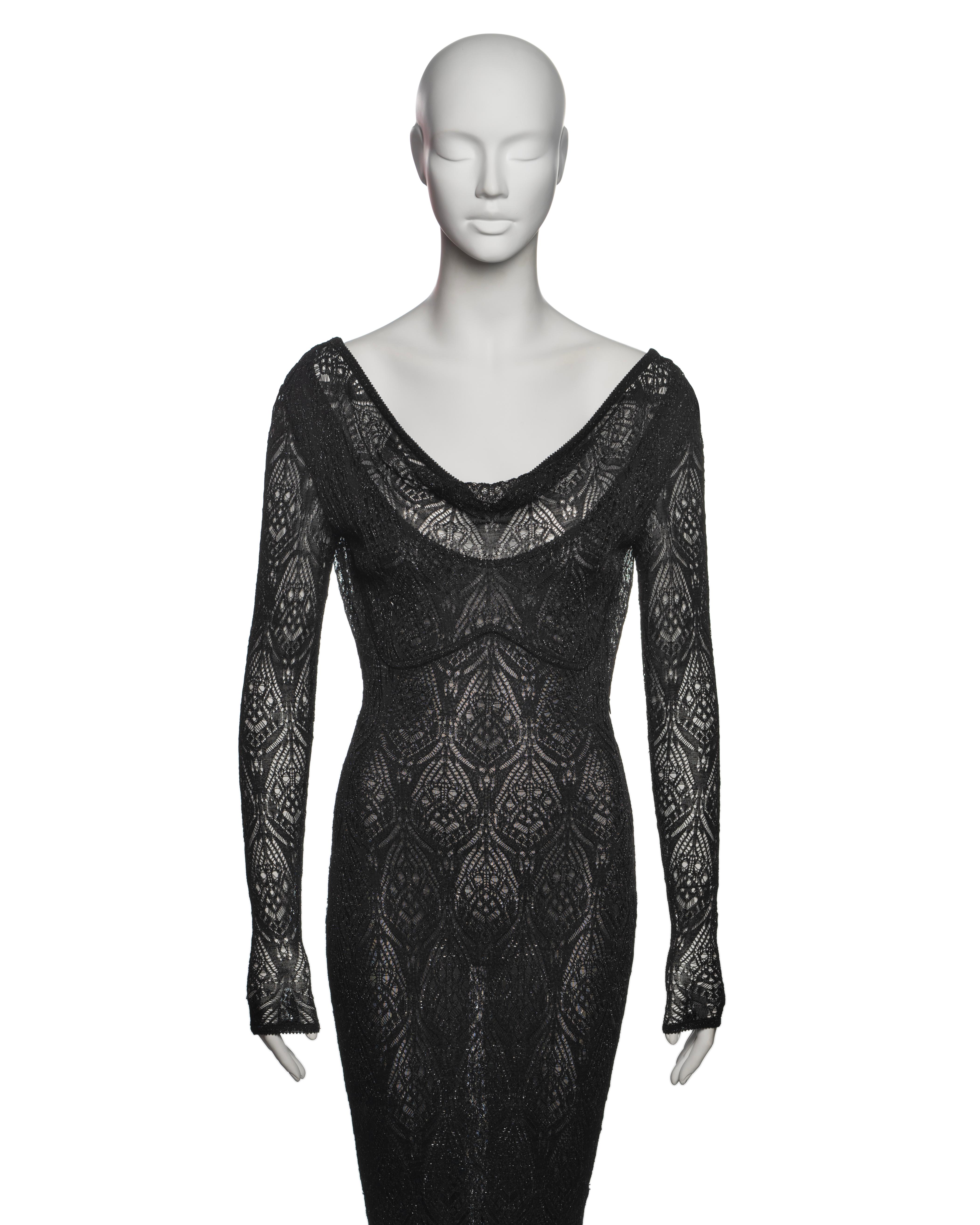 John Galliano Black Knit Lace Evening Dress with Draped Low Back, FW 1999 In Excellent Condition For Sale In London, GB