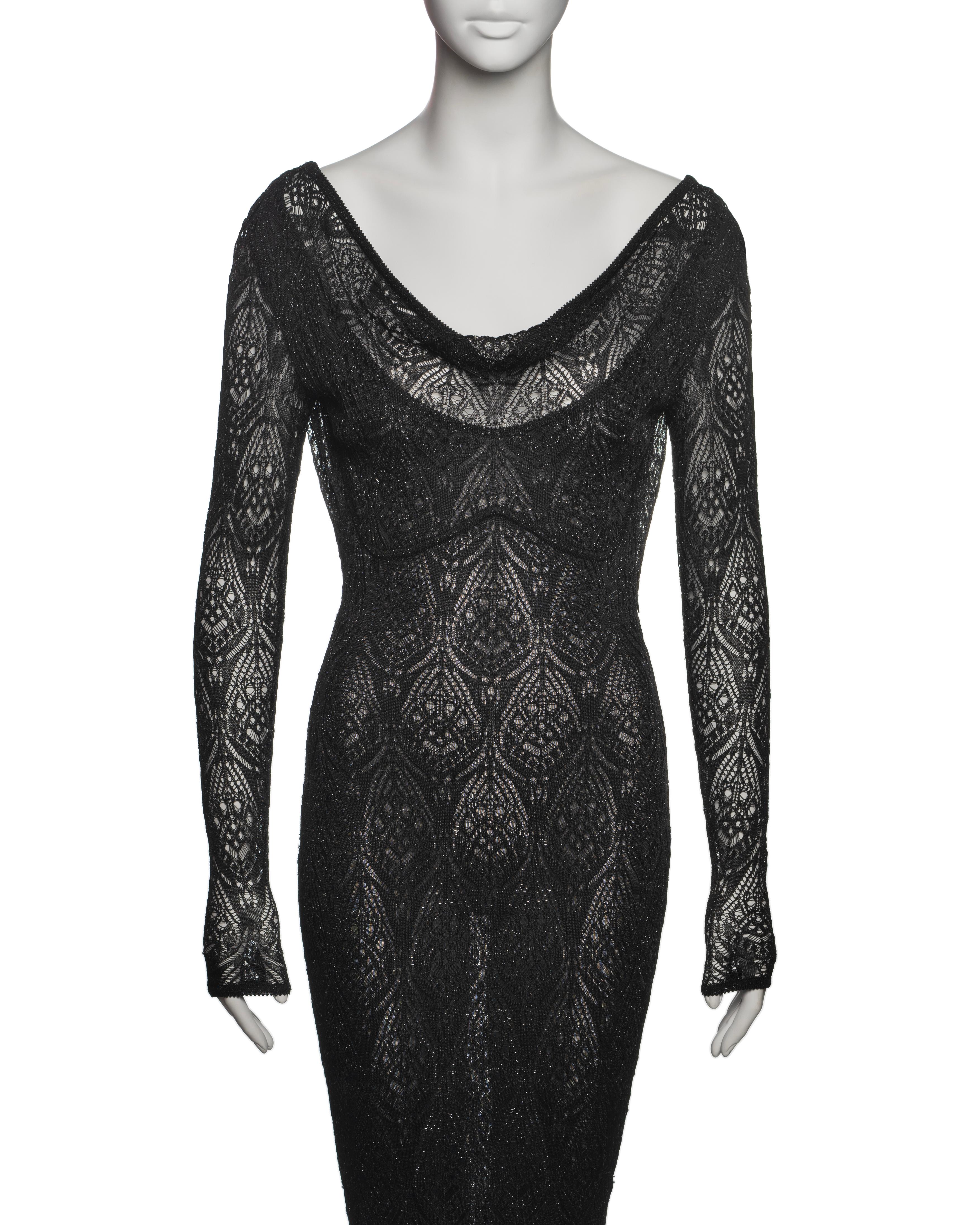 Women's John Galliano Black Knit Lace Evening Dress with Draped Low Back, FW 1999 For Sale
