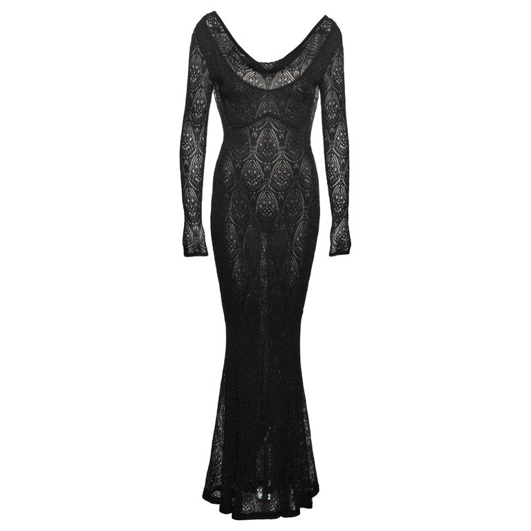 John Galliano Black Knit Lace Evening Dress with Draped Low Back, FW 1999  For Sale at 1stDibs