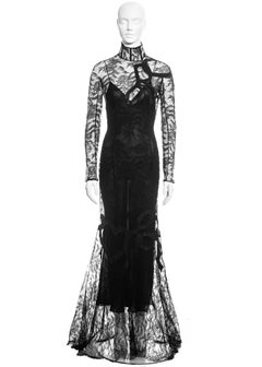 John Galliano black lace and leather trained long-sleeve evening dress, fw 2001