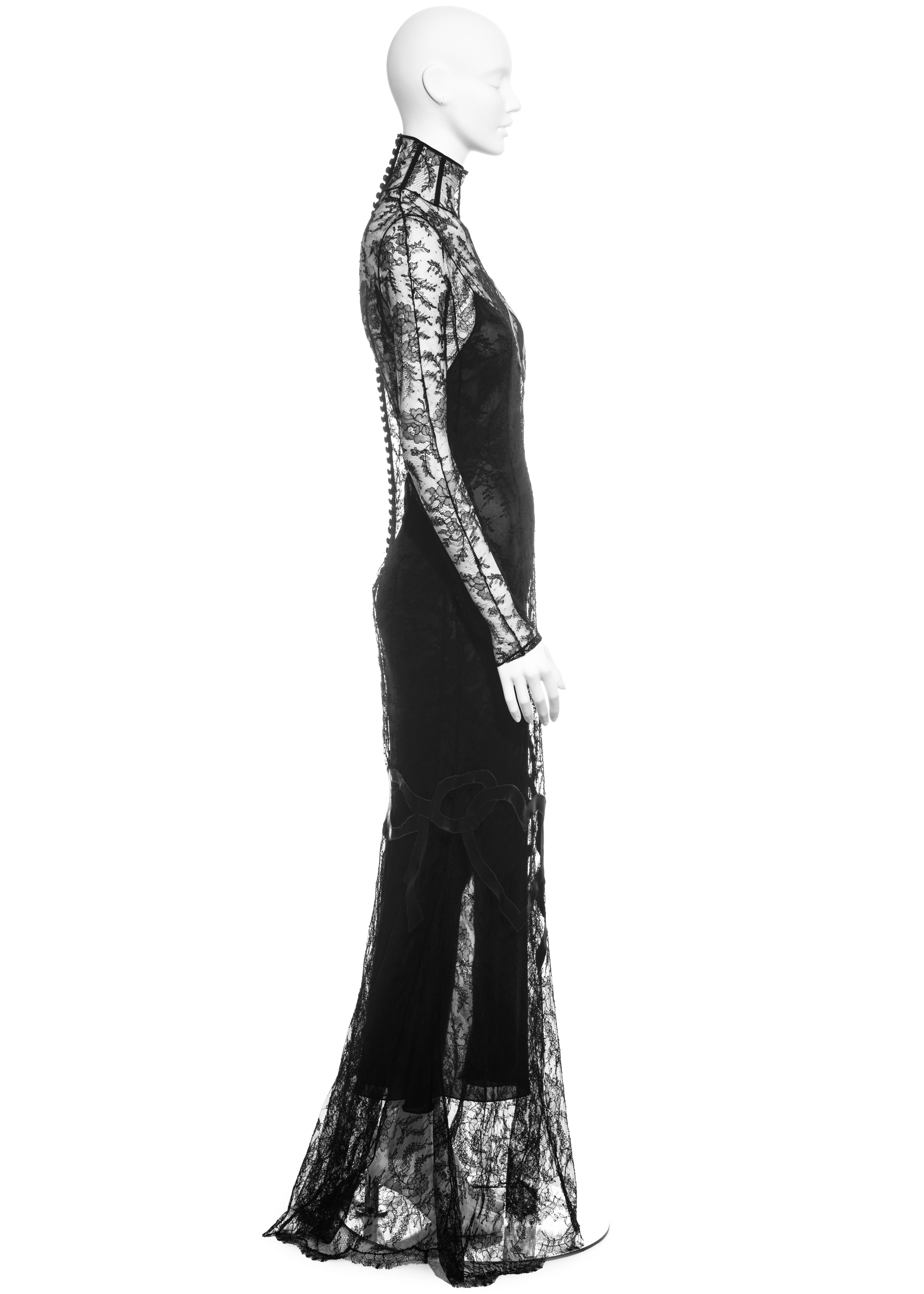 Black John Galliano black lace and leather trained long-sleeve evening dress, fw 2001 For Sale