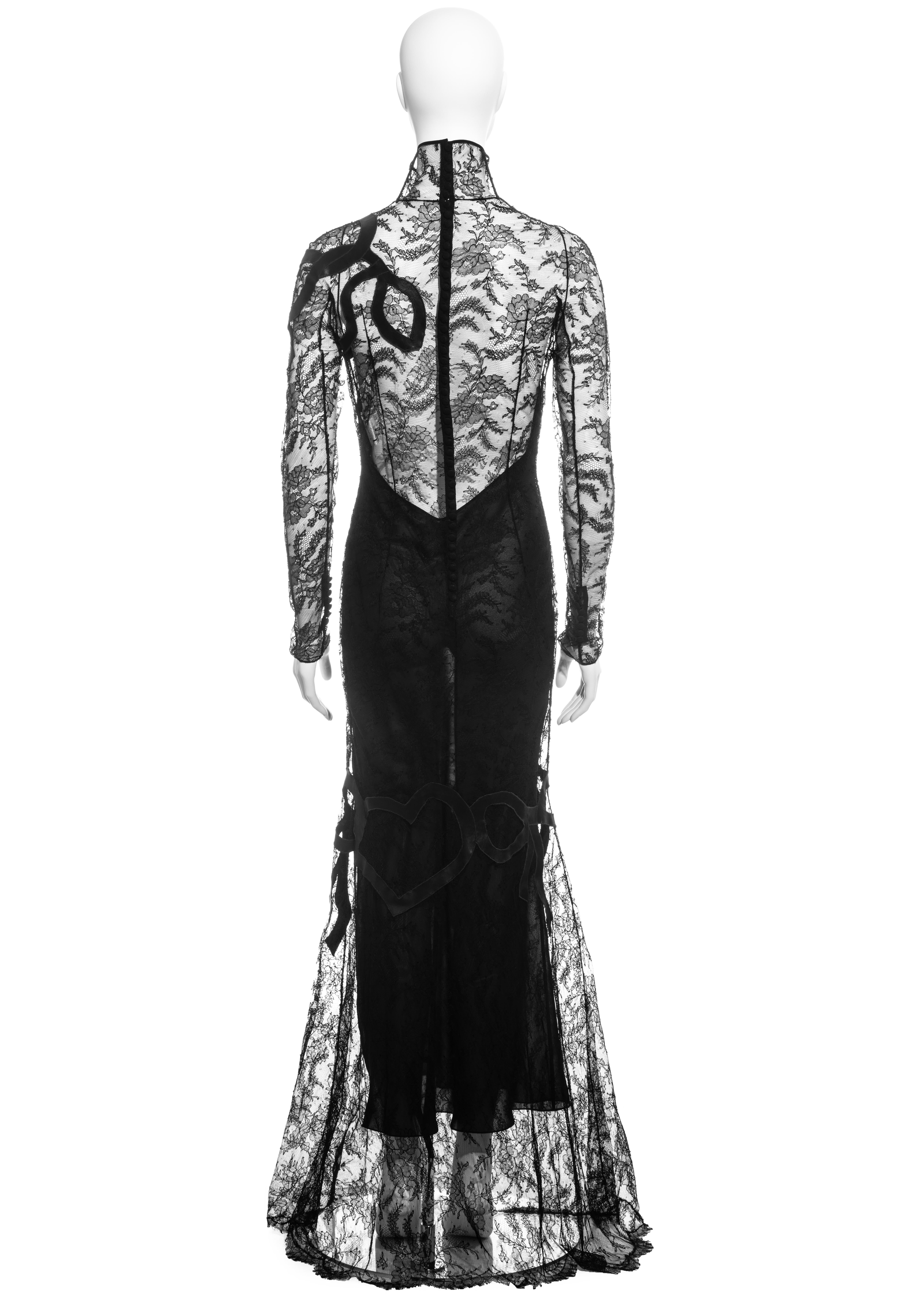 John Galliano black lace and leather trained long-sleeve evening dress, fw 2001 In Excellent Condition For Sale In London, GB