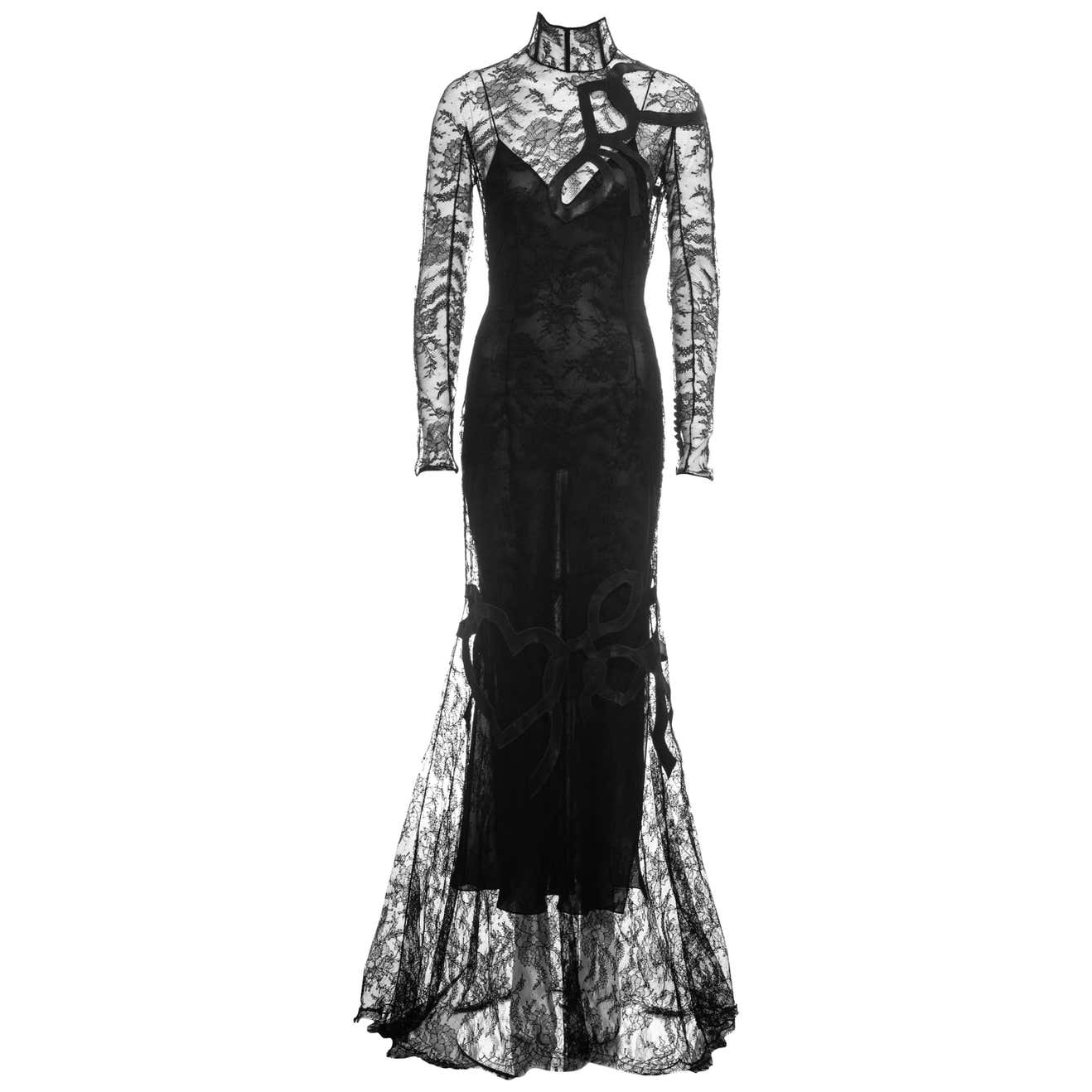 John Galliano black lace and leather trained long-sleeve evening dress ...