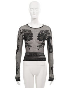 John Galliano black mesh top with tattoo motifs, fw 1997
